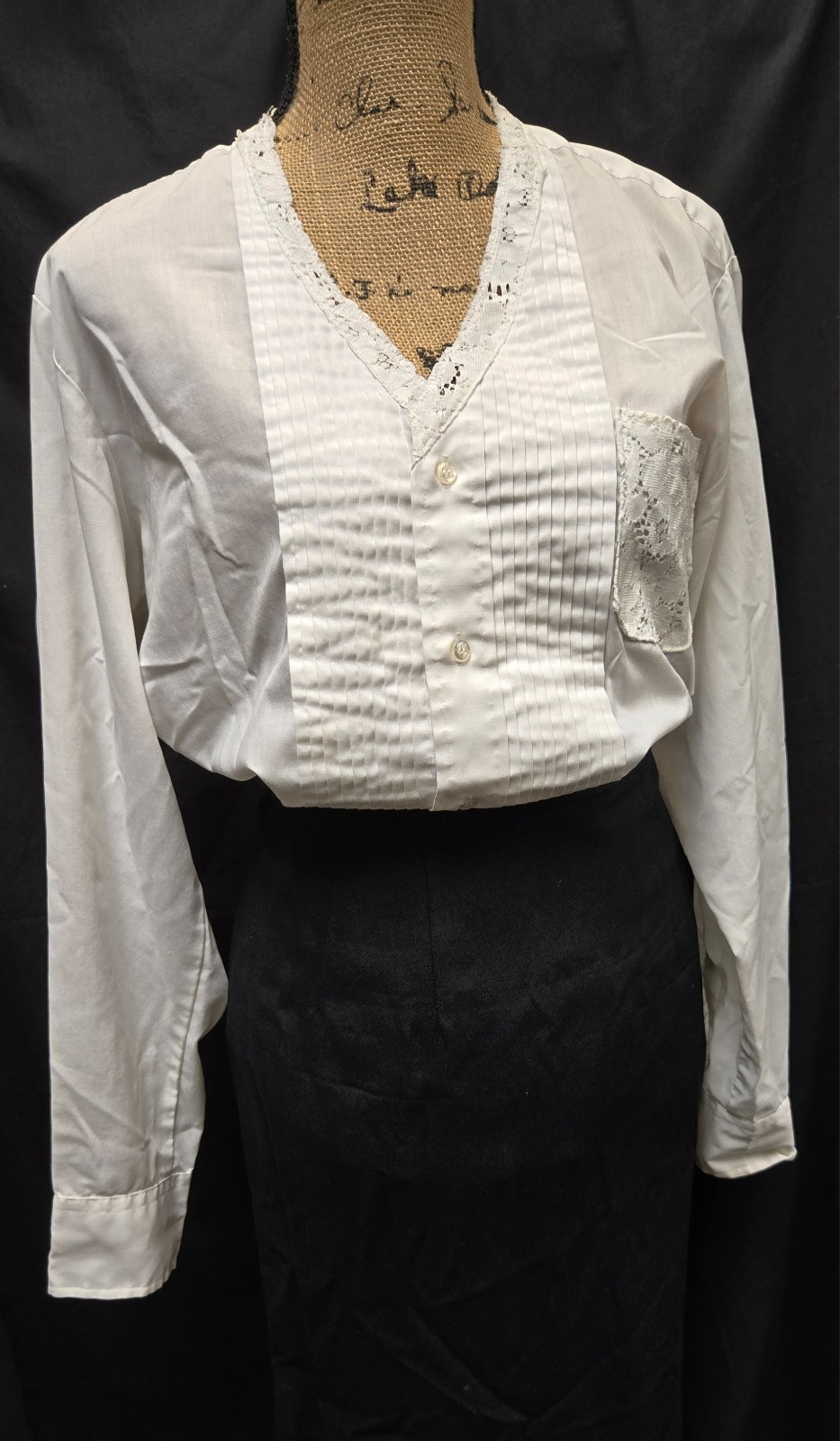 VTG Customized Neil Allyn Polycotton & Lace Ladies Tuxedo Shirt, Sz M 32/23