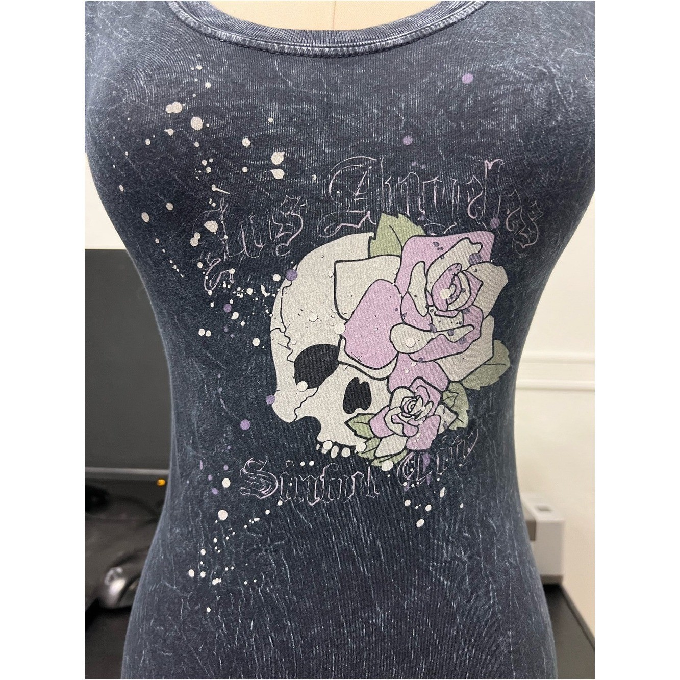 vintage grey skull and rose graphic cap sleeve baby tee
