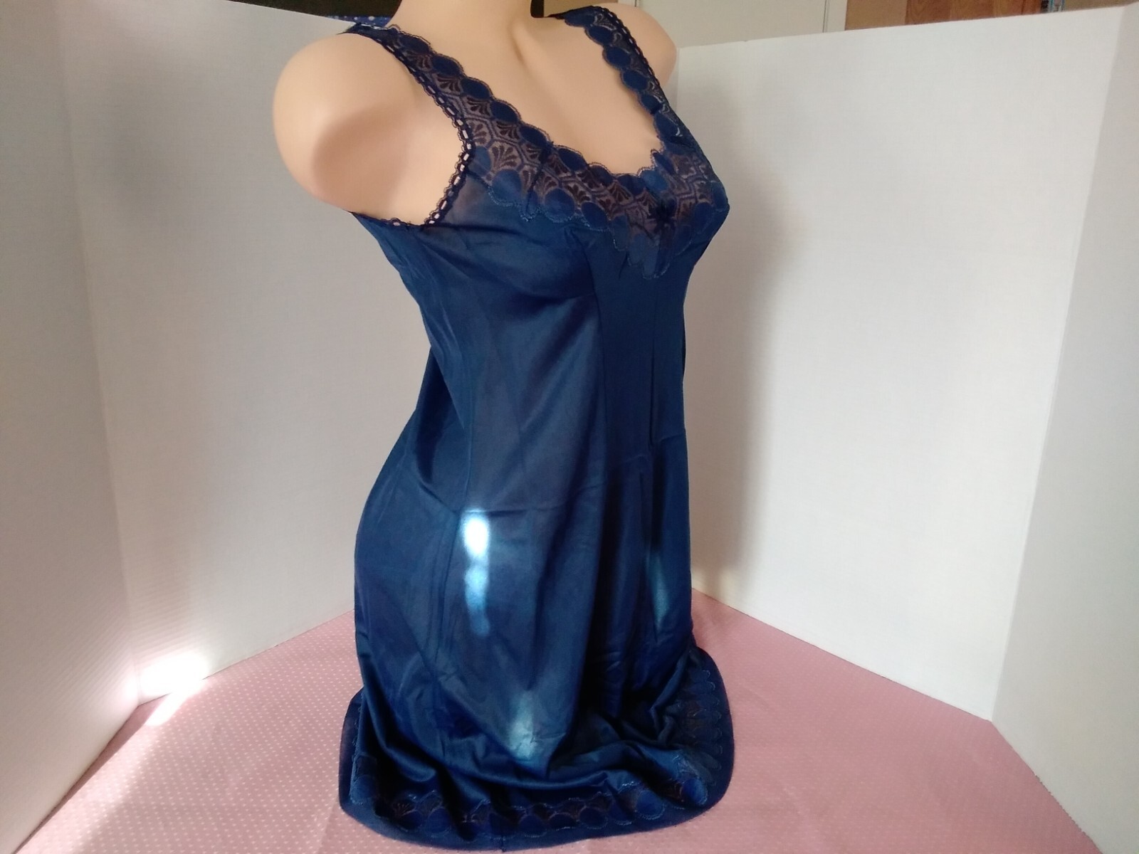 Vintage 60’s Full Slip Dress Chemise European Wide Strap Navy Blue Lace S-M