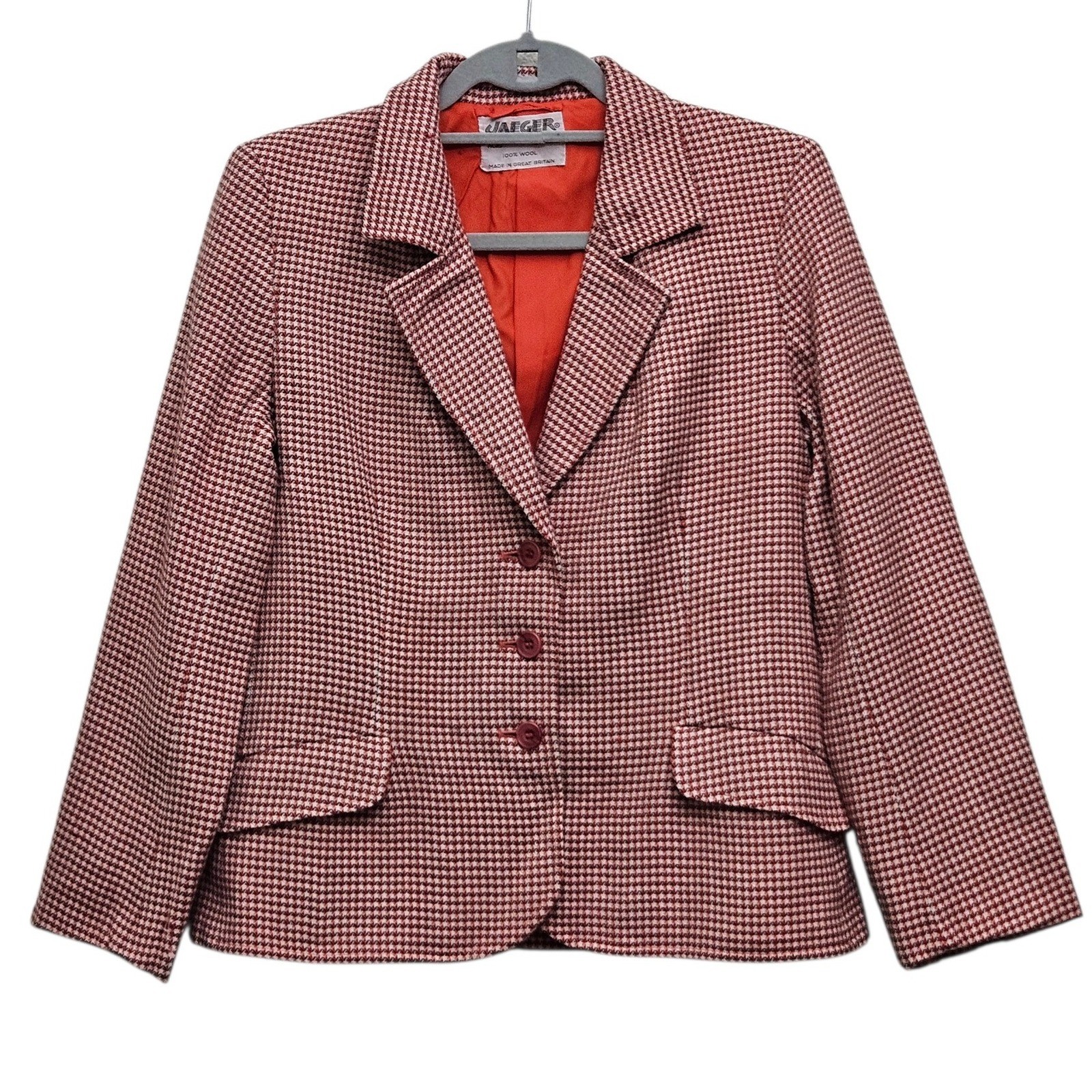 Jaeger Blazer 14 Red Houndstooth Wool Vintage 70s Great Britain Career Workwear