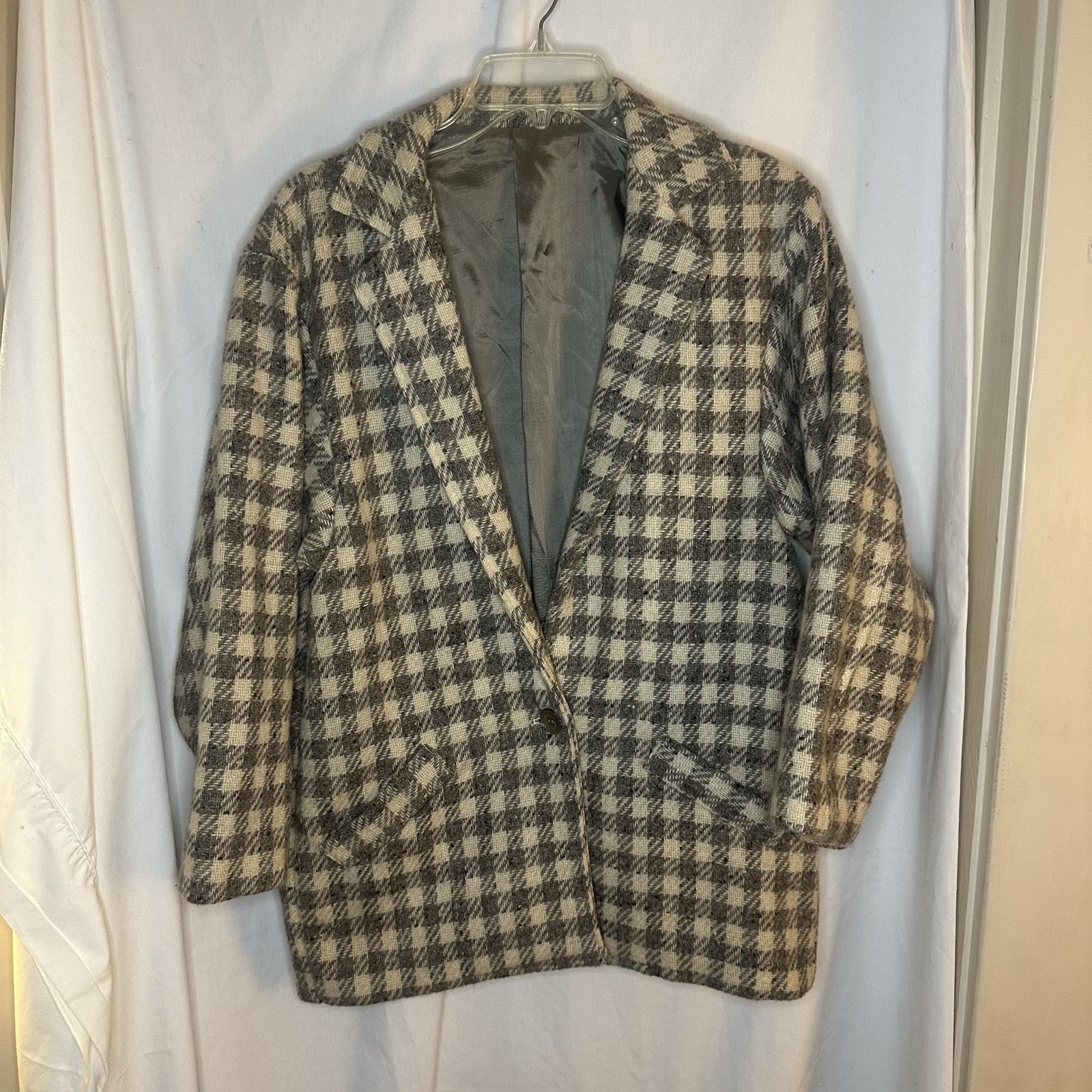 Vintage Laurie Lee Sz 10 Woo Check Gray Ivory White Blazer Jacket Overcoat Coat