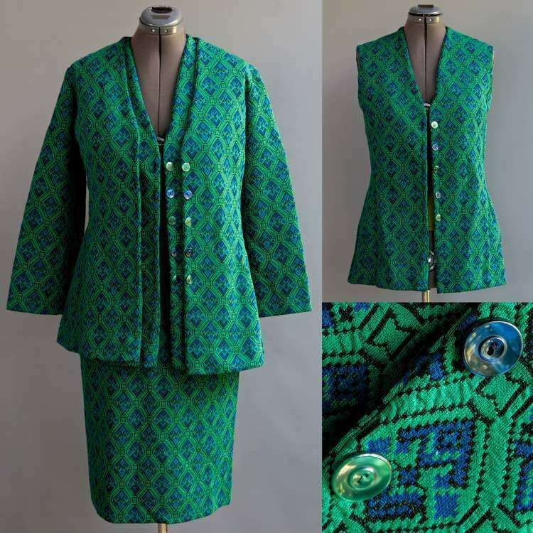 VTG 3p Dress Suit Skirt Vest Jacket St Patrick’s Day Green Teal Mod Op Art M L