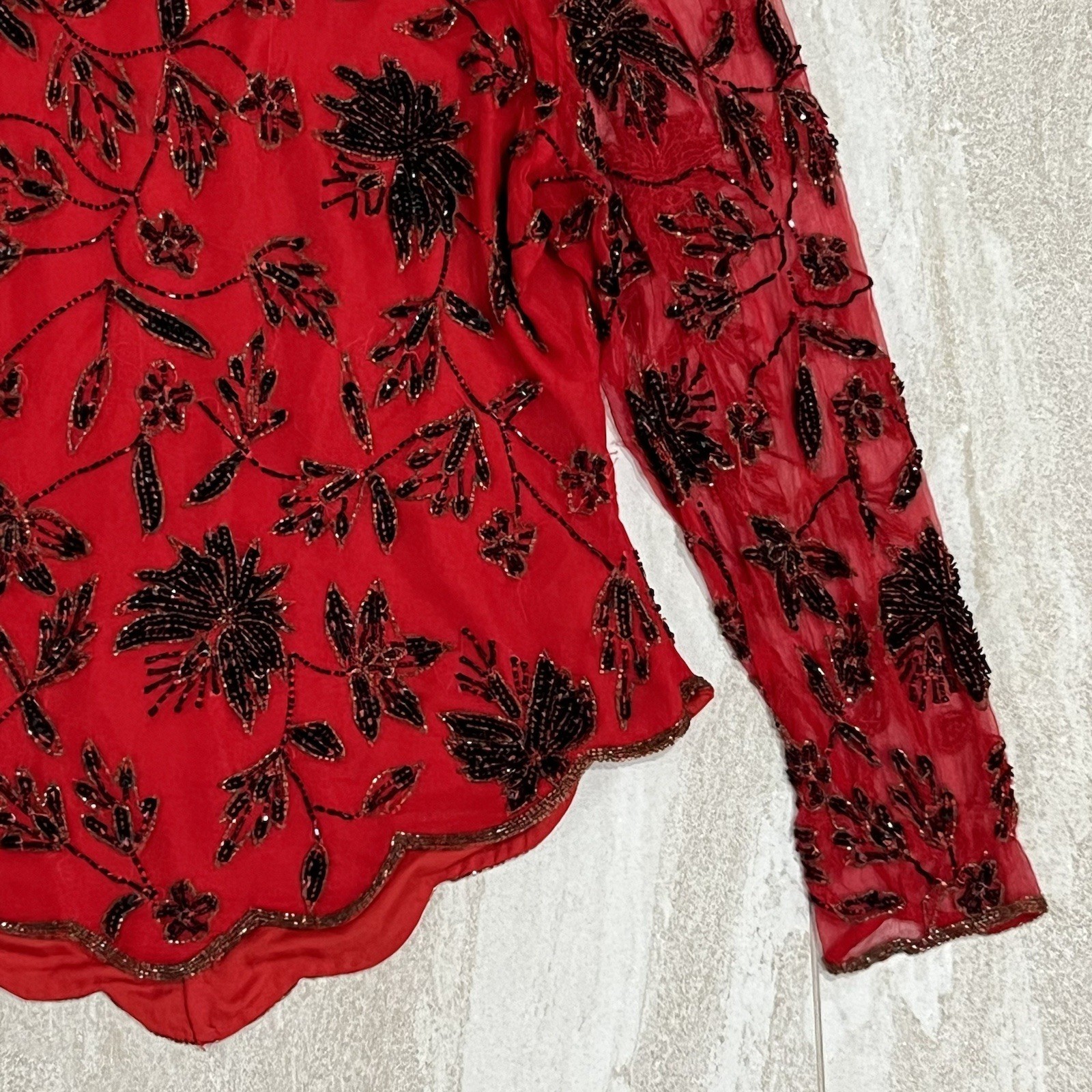 Vintage Laurence Kazar Beaded Top Red Floral Pure Silk Sz L EUC