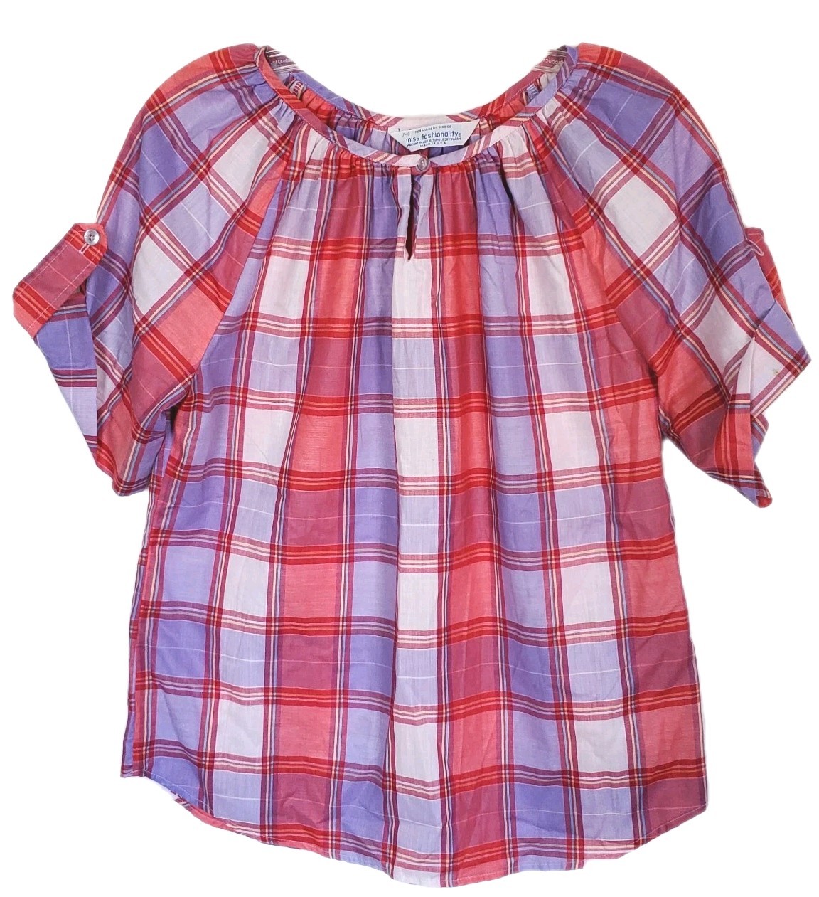 Vintage 1970s Miss Fashionality Plaid Pink Top Size XL Peasant Blouse