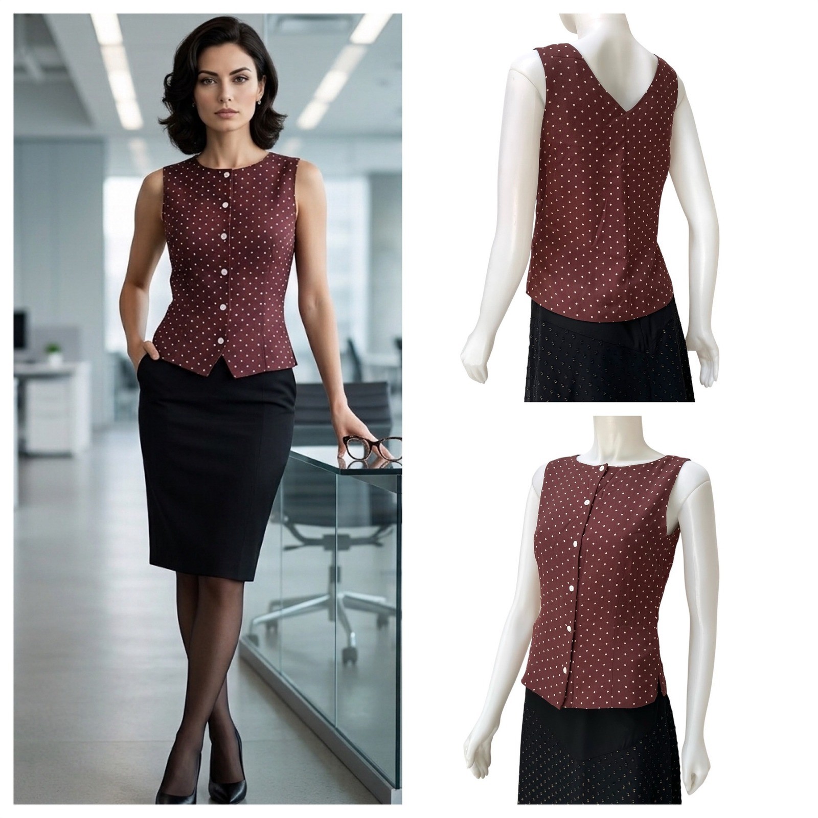 Vtg 90’s 100% Silk Polka Dot Vest Top Burgundy Maroon Tailored Office Siren Sz S