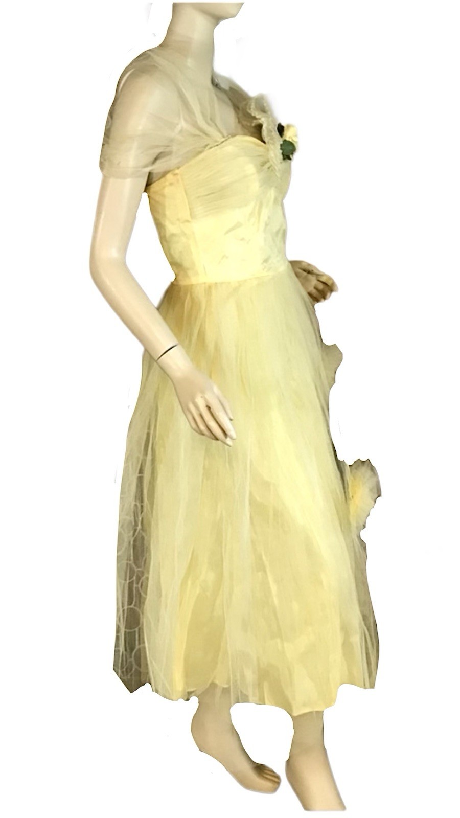 VINTAGE CIRCA 1950’S YELLOW TULLE & TAFFETA PARTY DRESS WITH FLOWER SZ SM