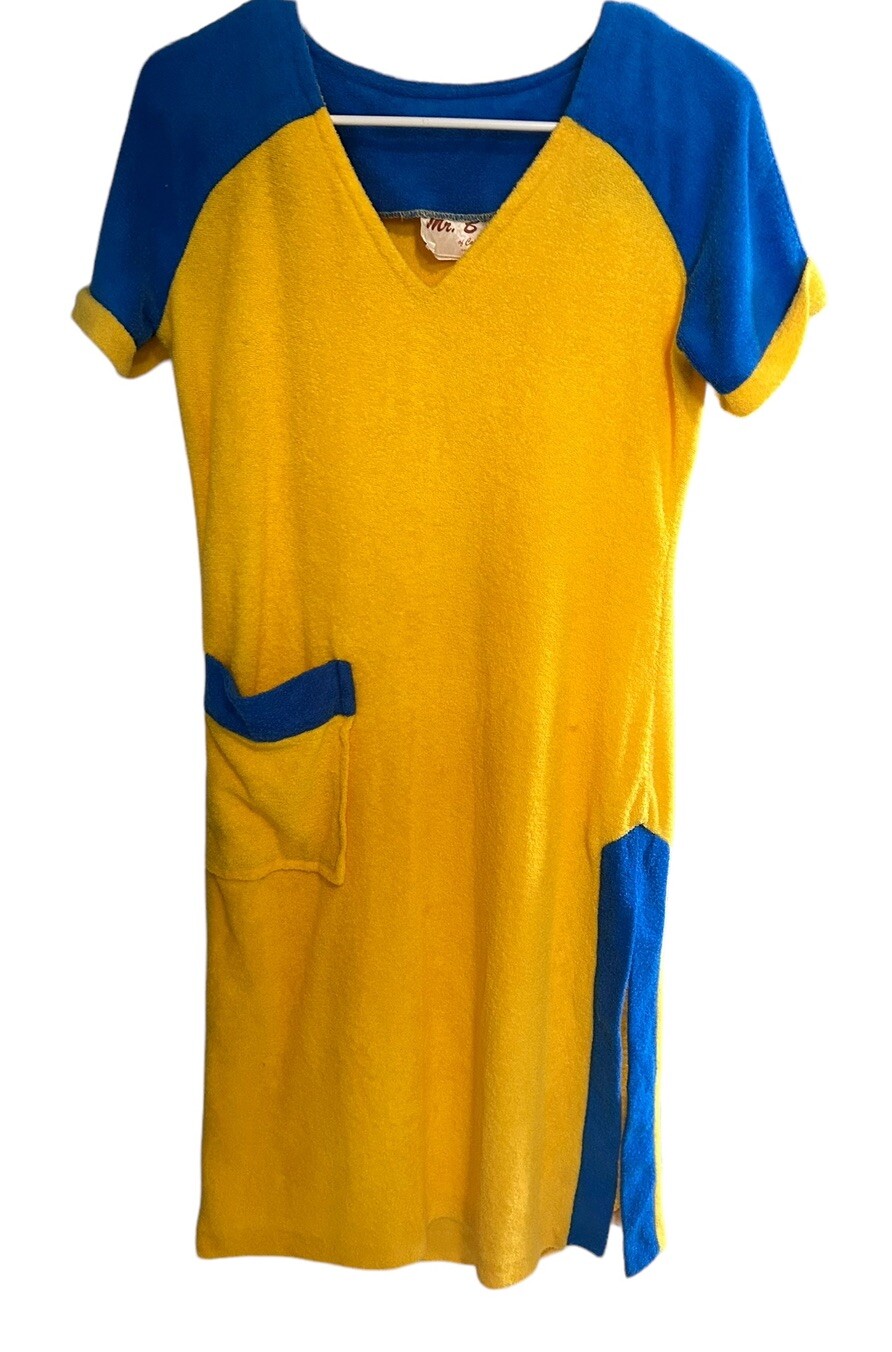 VTG MR.B’s California RETRO TERRY CLOTH TOWEL MINI DRESS COVER UP YELLOW SZ M