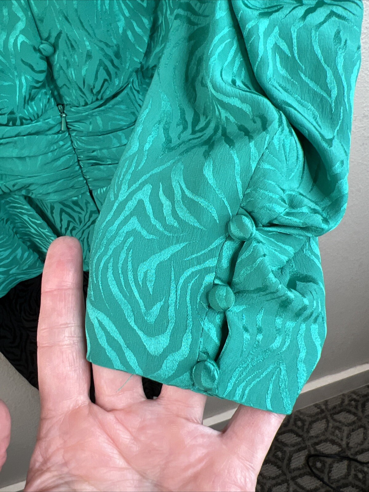 Vintage 1980s Silk Studio 100% Silk Green Black Peplum Dress Size 12 Petite