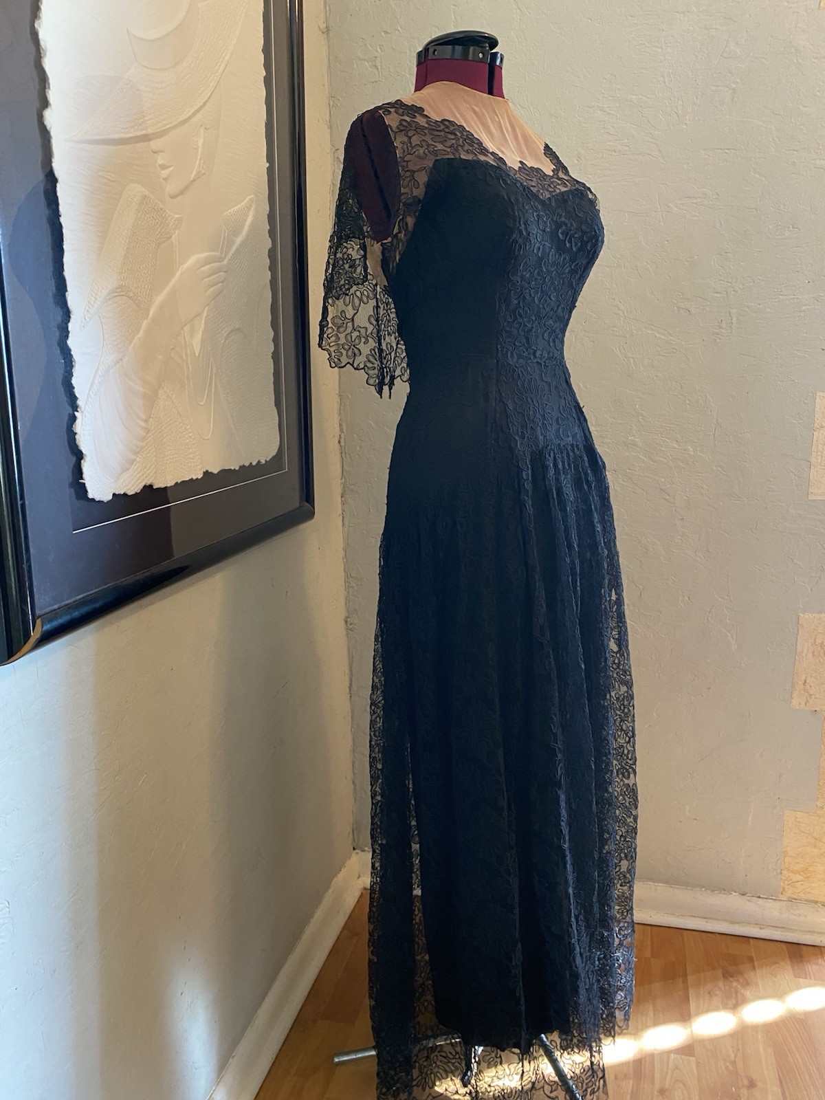 Vintage 40s Black Satin + Lace Evening Gown Nude Illusion Pinup Rockabilly Glam