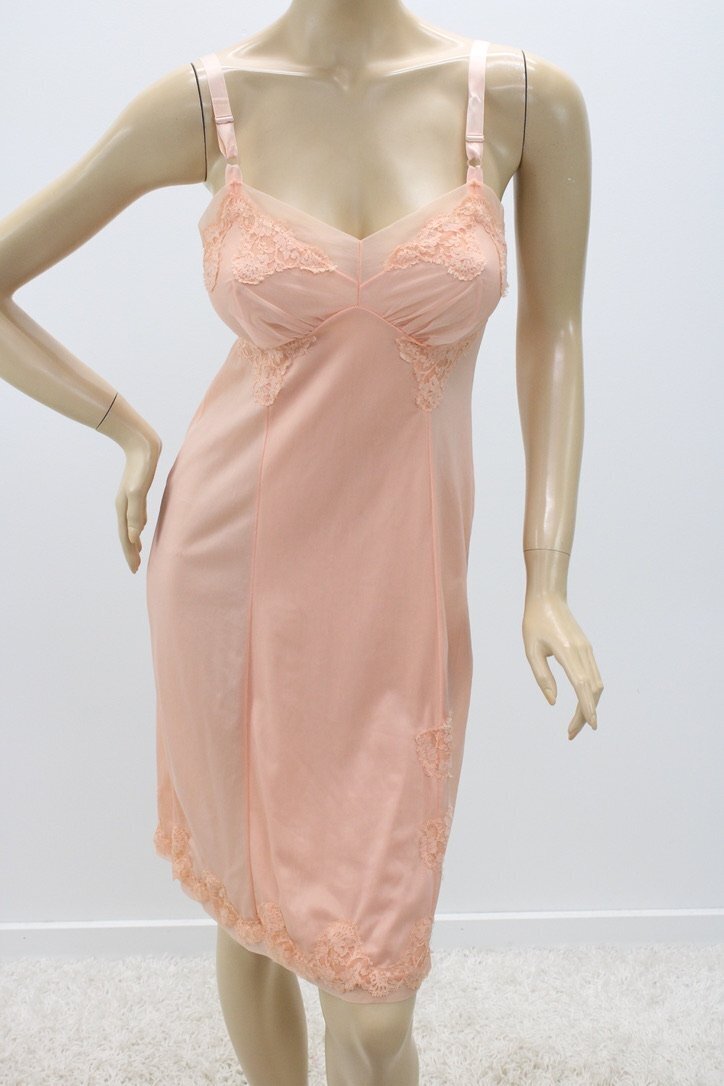Vintage Nylon Full Dress Slip Tangerine Lace Modesty Panel Snug 34 JC Penny