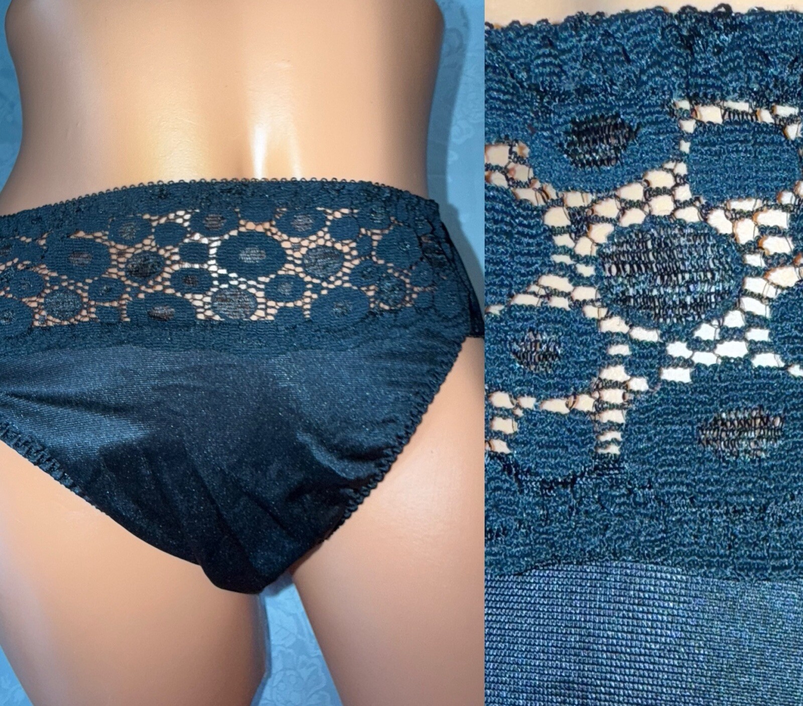 Vtg Panties High Cut Nylon Bali Brief Planets Circles Records on Lace Black L 7