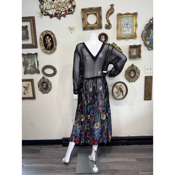 Together! Vintage Sheer Floral Long Sleeve Elastic Waist Maxi Dress Size 6 S