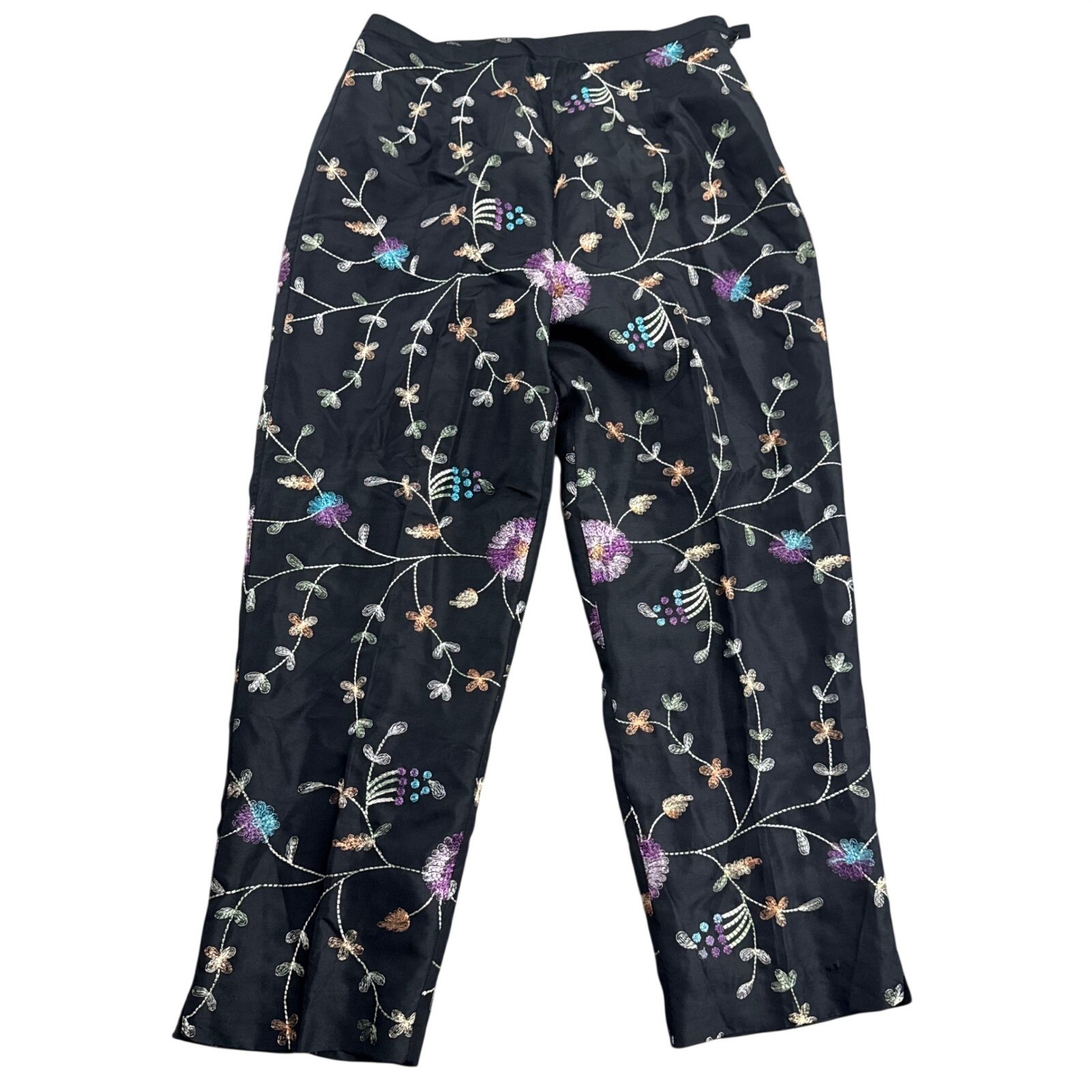 Anne Carson Black Embroidered Floral Silk Pants S/10 Boho Fairy Y2k Retro VTG