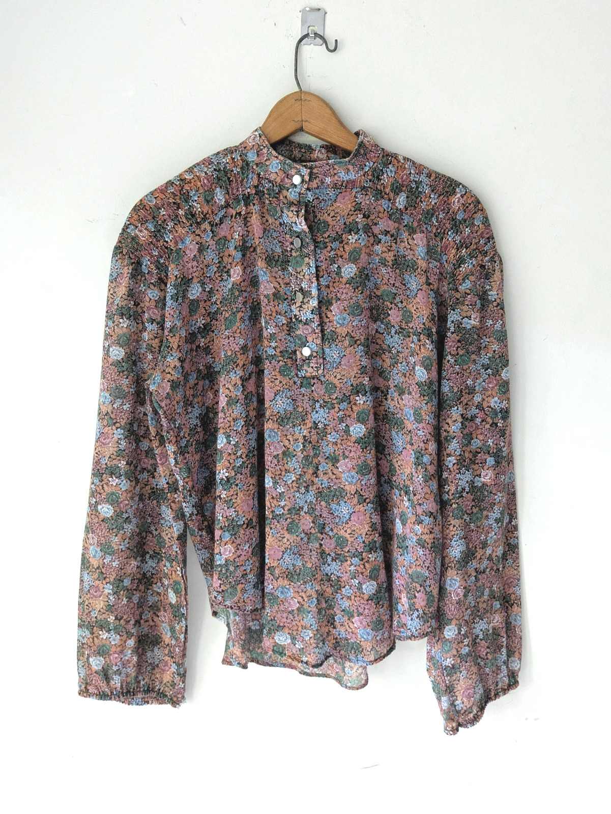 70s vtg sheer crinkle smocked peasant prarie boho floral top blouse