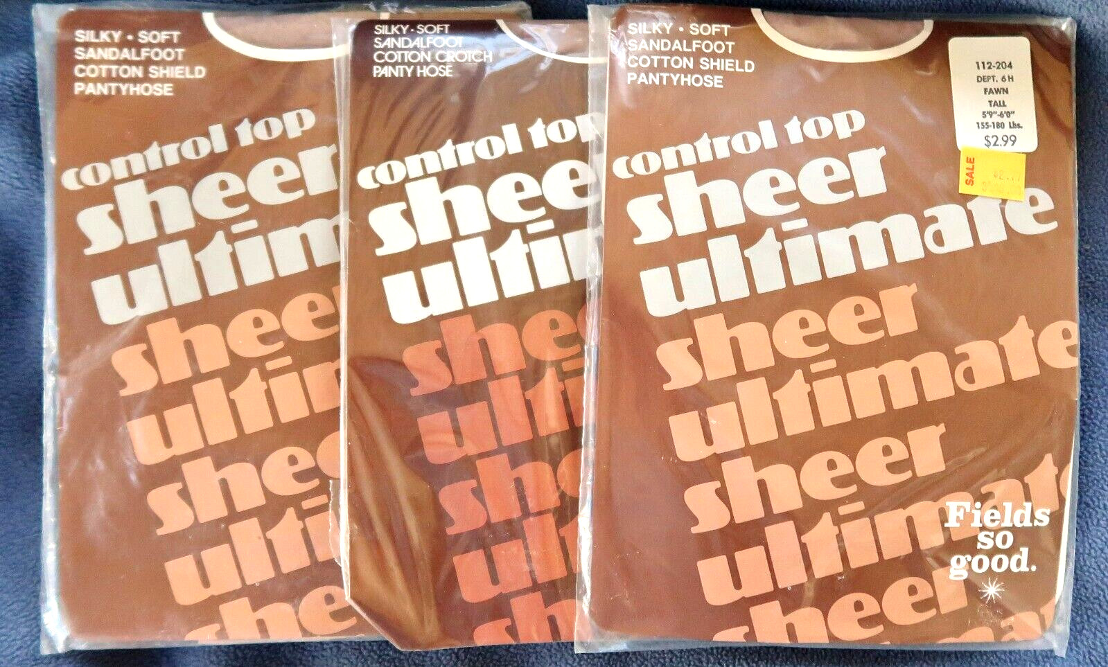 3 Vintage FIELDS Control Top SHEER ULTIMATE PANTYHOSE, Tall – Fawn, Beige NEW