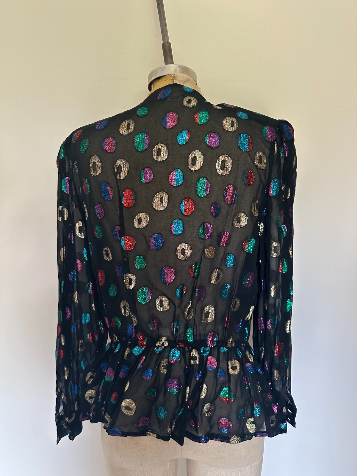 Vintage 80s Metallic Blouse Disco Top Shoulder Pads Peplum Waist Polka Dot Party