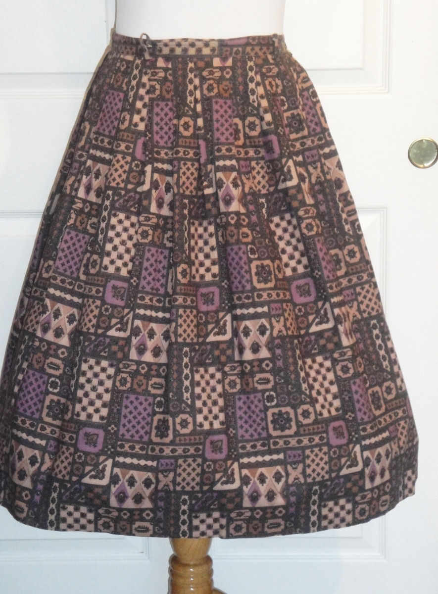 Vintage Full Cotton Skirt Brown Print Pleated Queen Casual 13 – 14