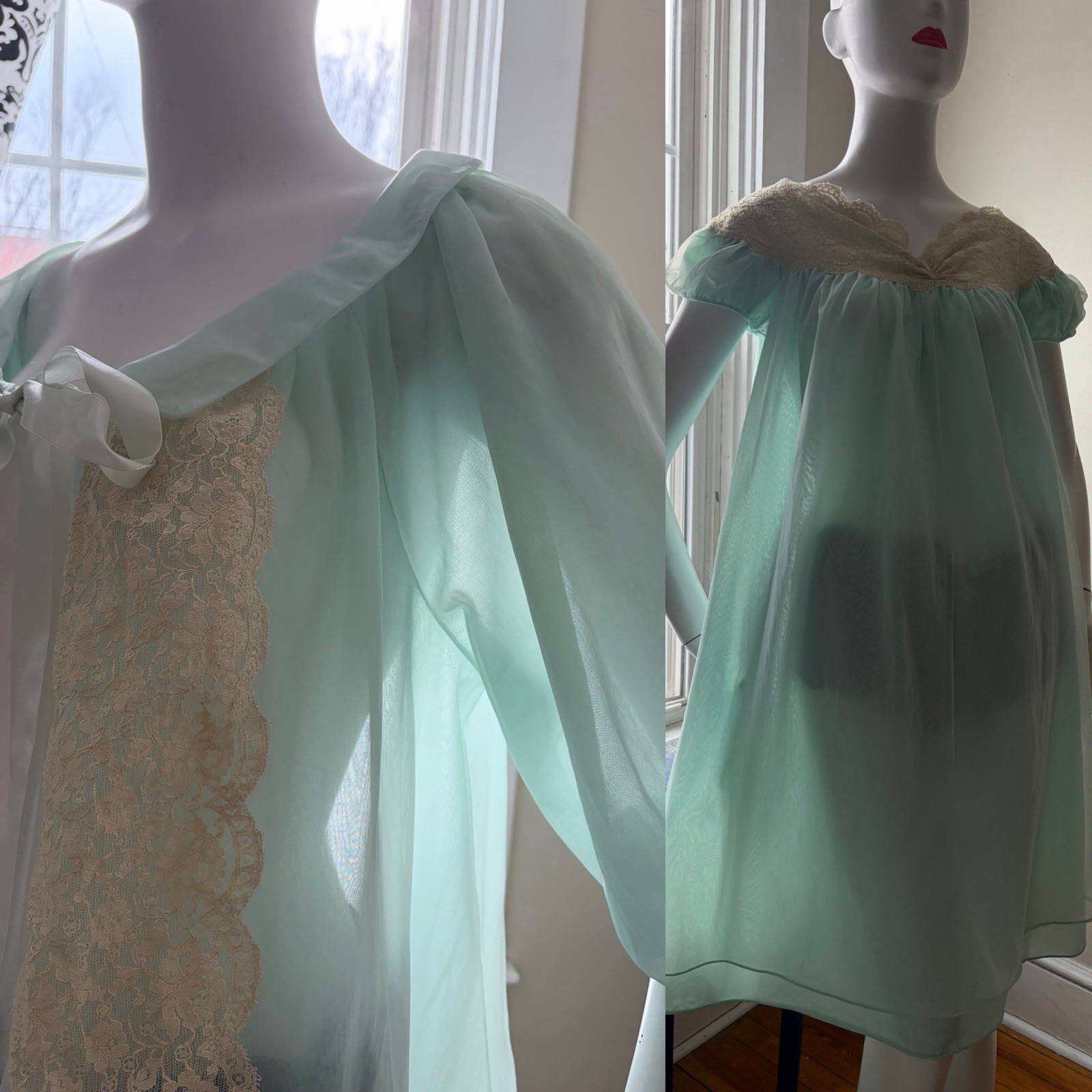 Vtg Hollywood Designer Sheer Chiffon Peignoir Robe Shorti Nightgown Set L X