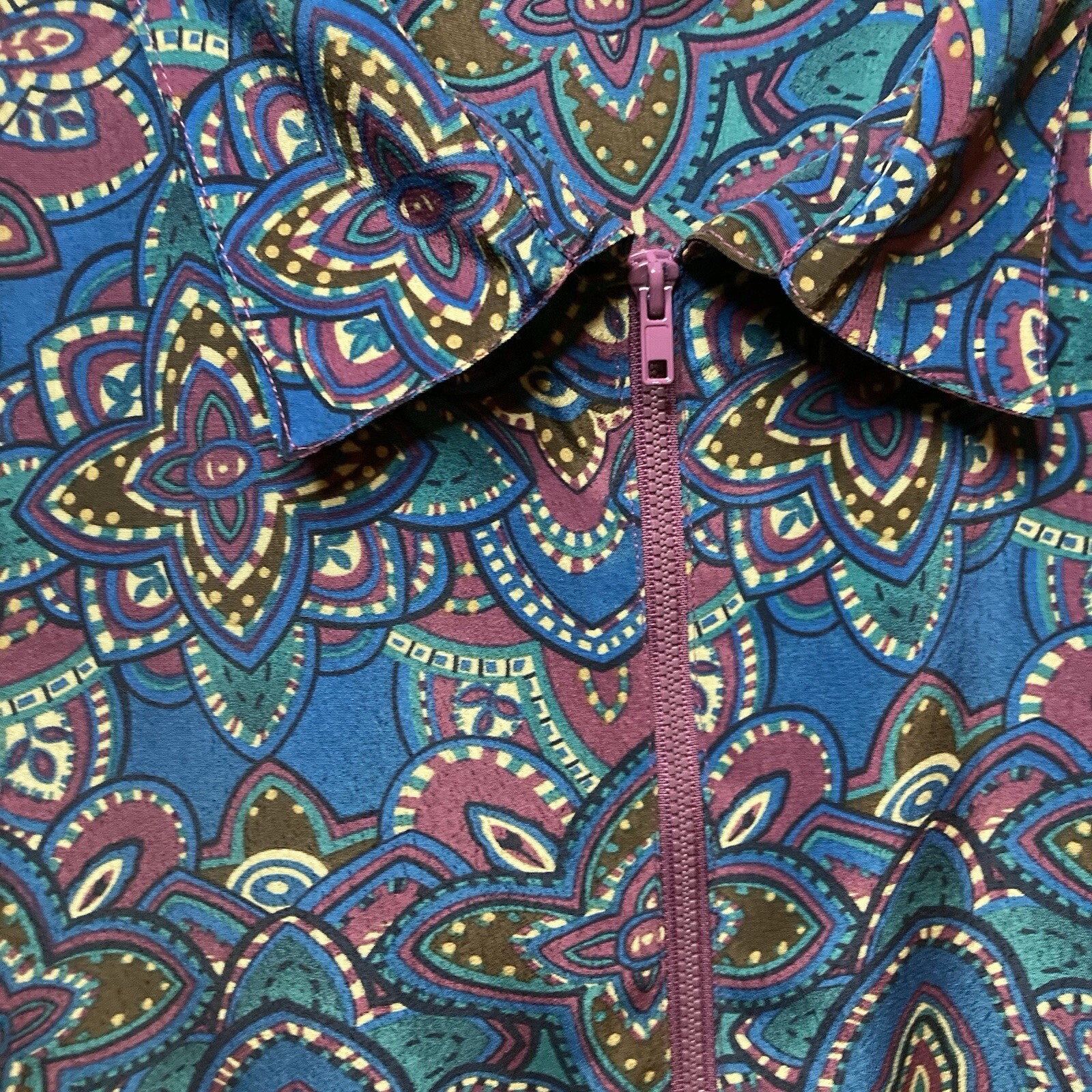 Vintage Bon Worth Blouse Size XL Floral Geometric Boho Hippie Long Sleeve Zip Up