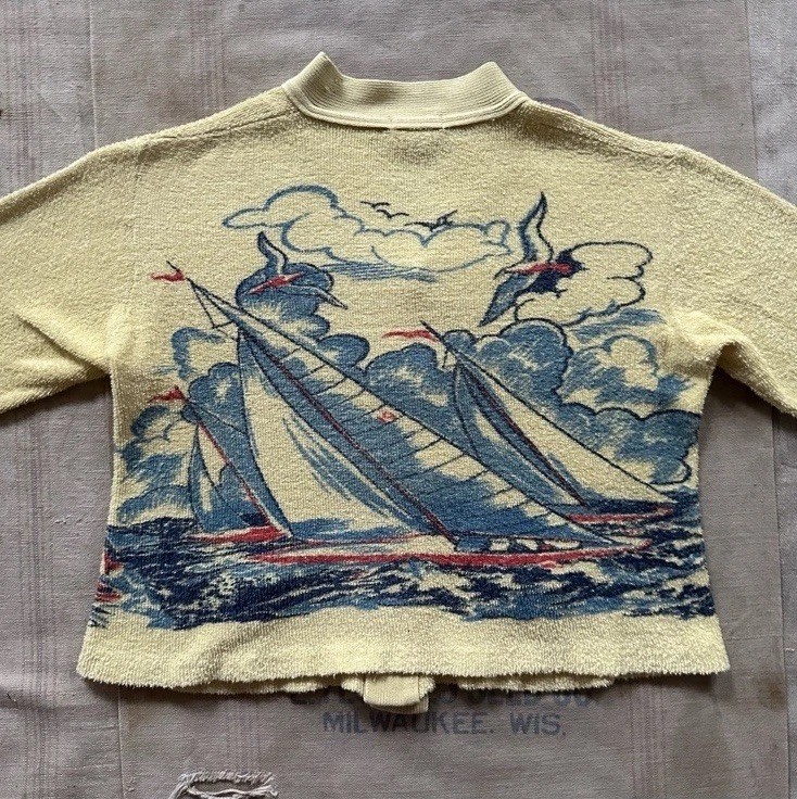 Vintage 1940s 50s Seascape Novelty Graphic Terry Cloth Cardigan Women’s XS S