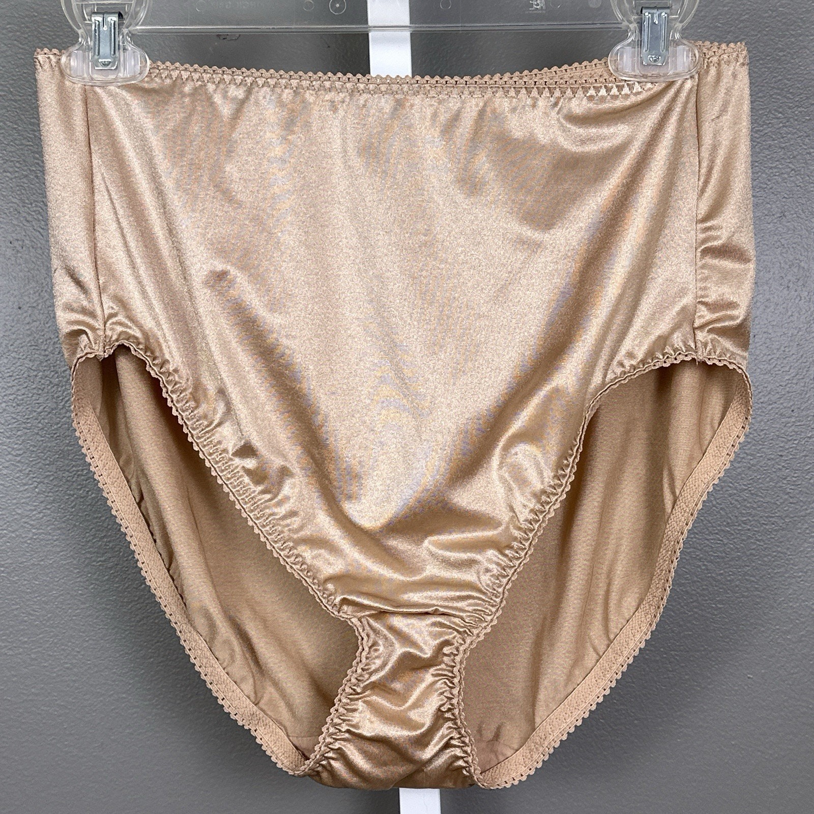 Vanity Fair Hi Cut Brief Panty Shiny Nylon Satin Stretch 10 3XL Tan NWD 48301