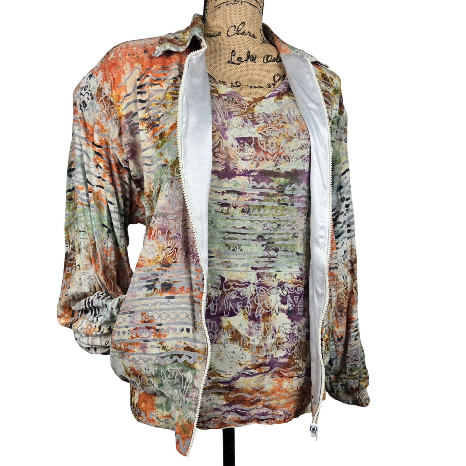 Vintage Globetrotter Rayon Batik Tribal Print Zip Up Bomber Jacket & Top Small