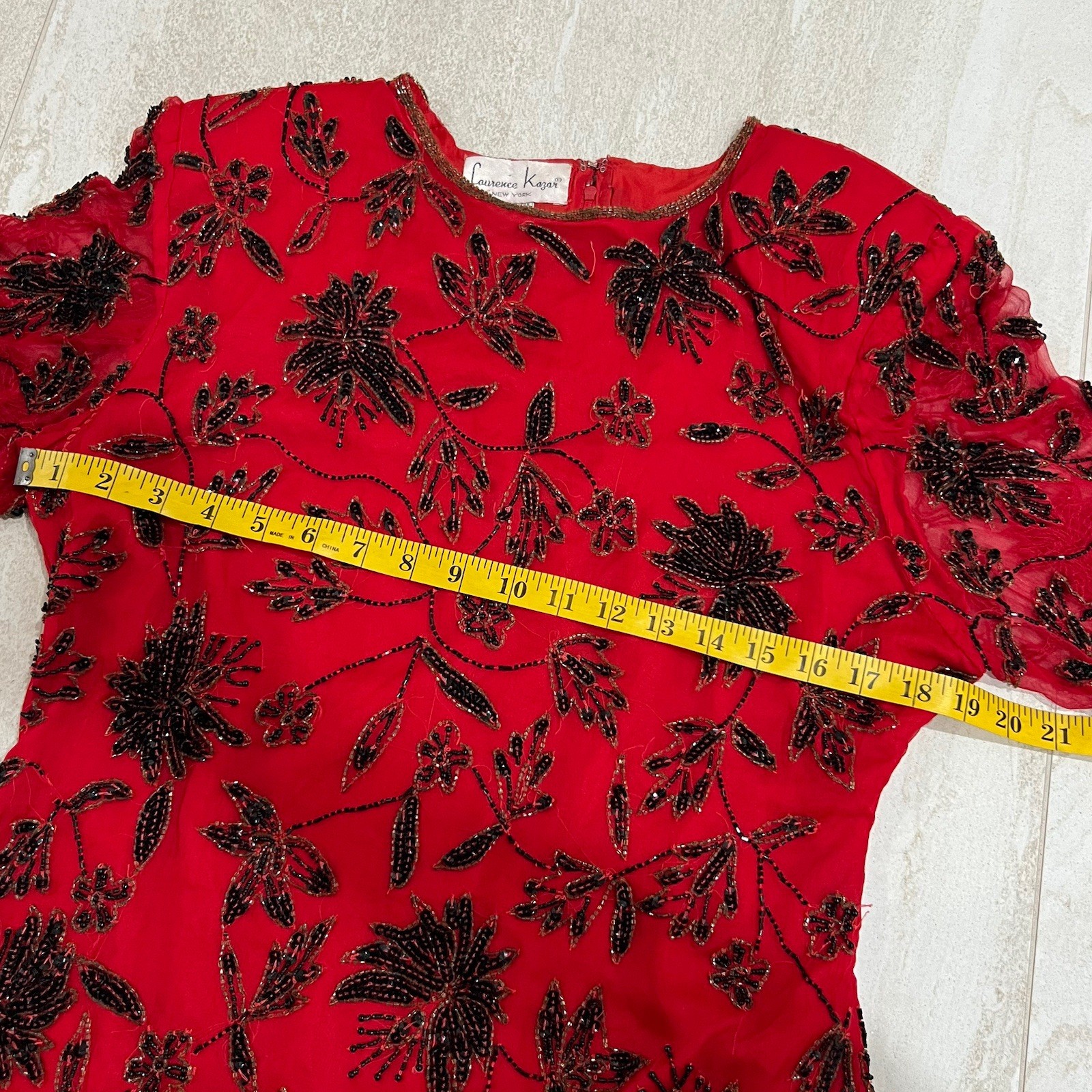 Vintage Laurence Kazar Beaded Top Red Floral Pure Silk Sz L EUC