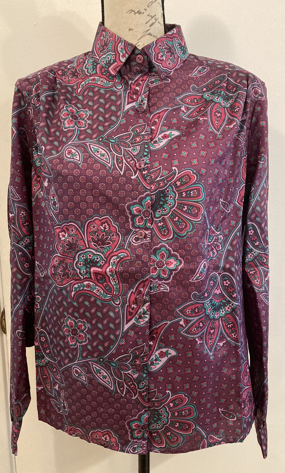 PYKETTES Blouse Purple Paisley Floral Busn Casual Secretary Long Sleeve 14 Vtg