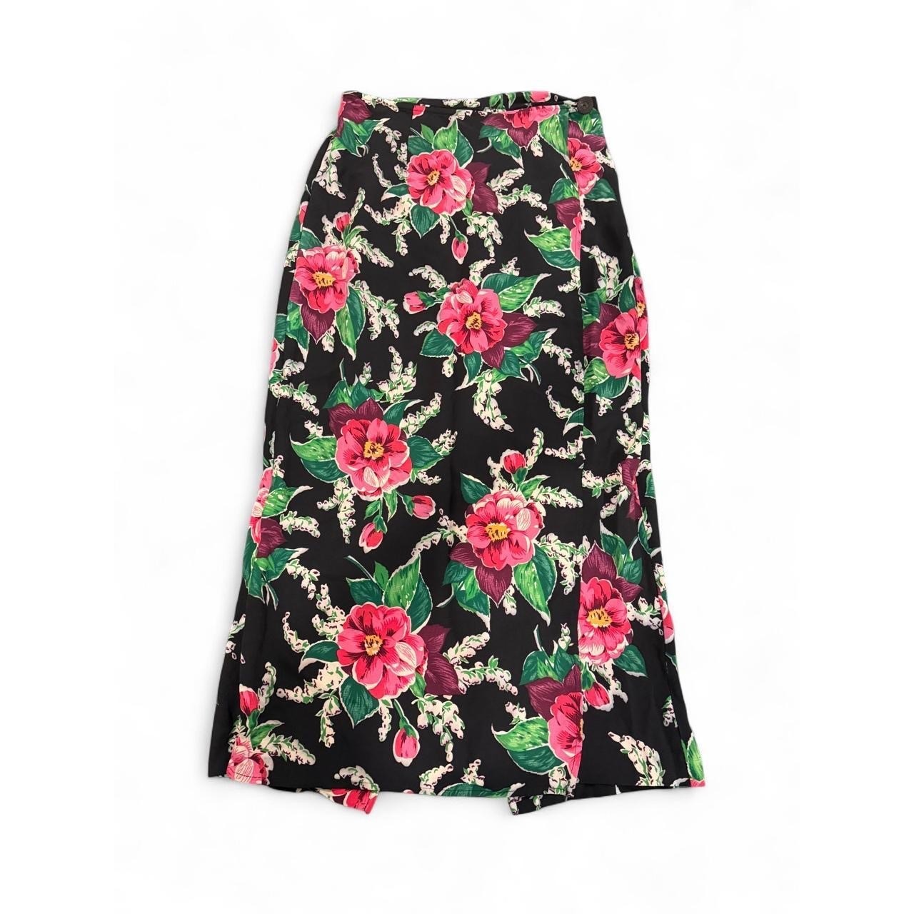 Vintage Casual Corner Floral Midi Skirt Black Pink Rayon Wrap Front Medium USA