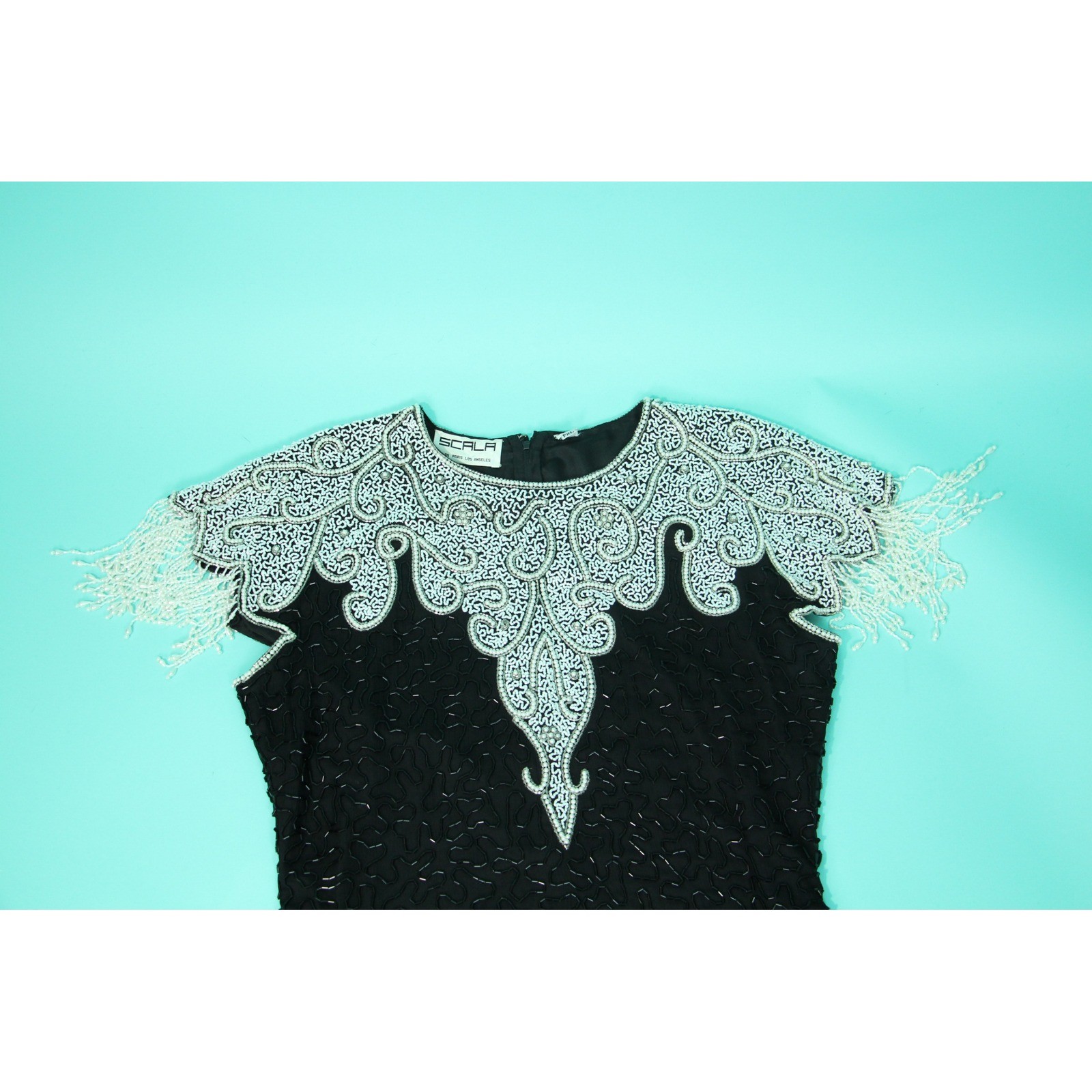 Vintage Scala Black Beaded Silk Dress White Pearl Bib Fringe Cocktail Sheath L