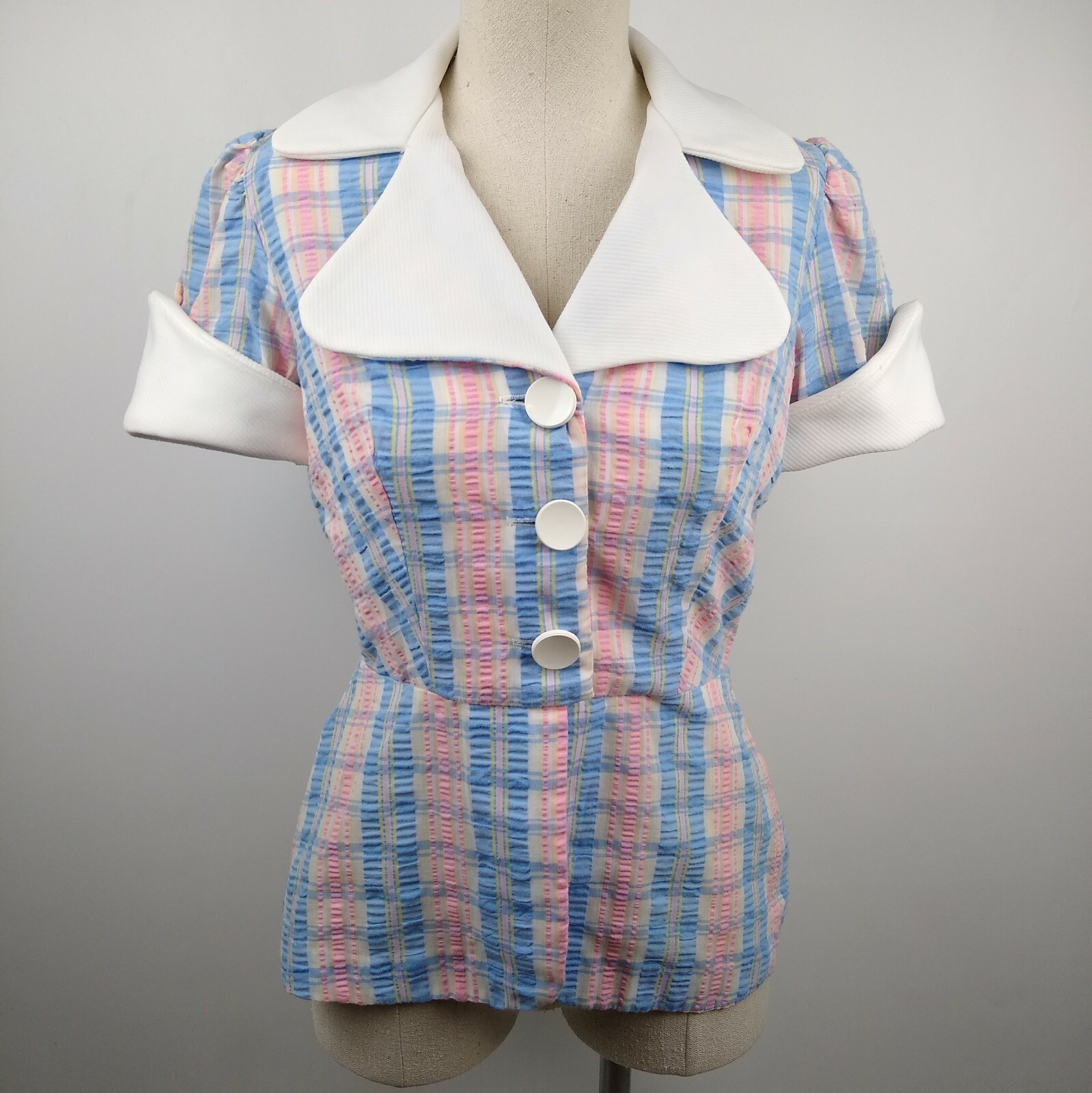 Vintage Teena Paige Rockabilly Go Go Mod Seersucker Blouse Peplum Sz S ? Pastel