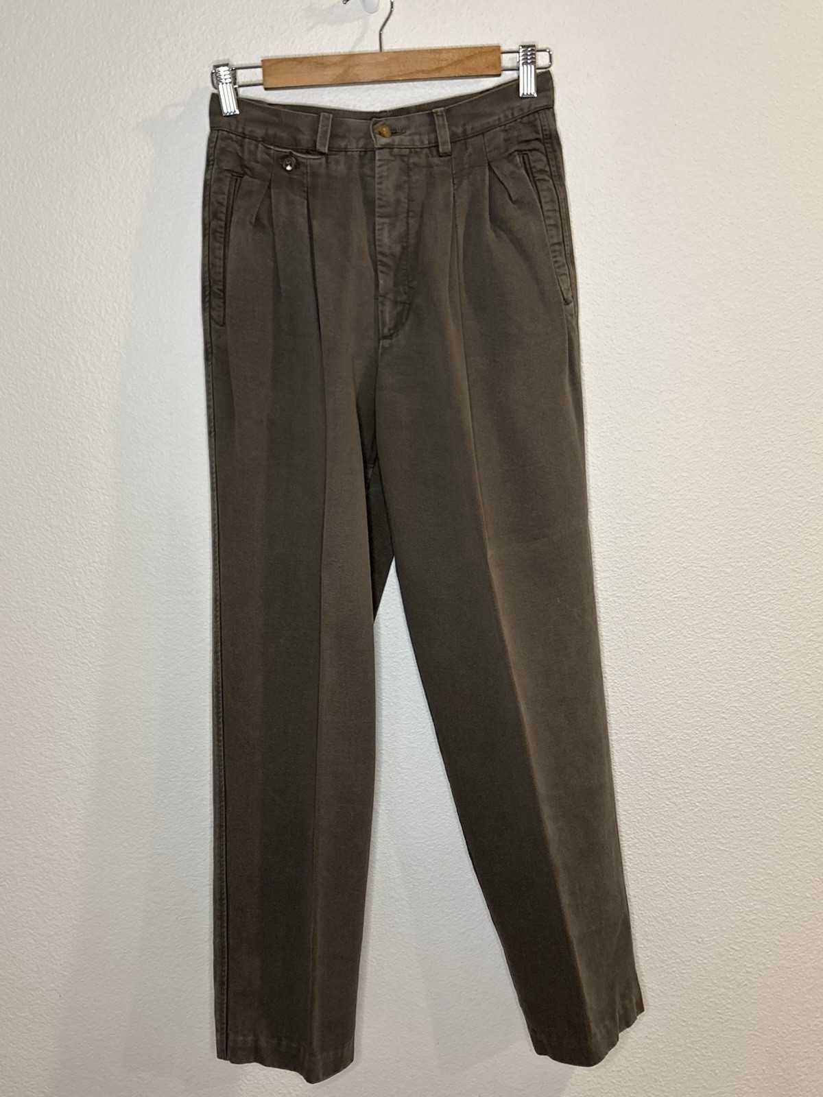 Vtg New York Uomo Olive Khaki Pleated Trousers 26×30 Made in Italy Cotton