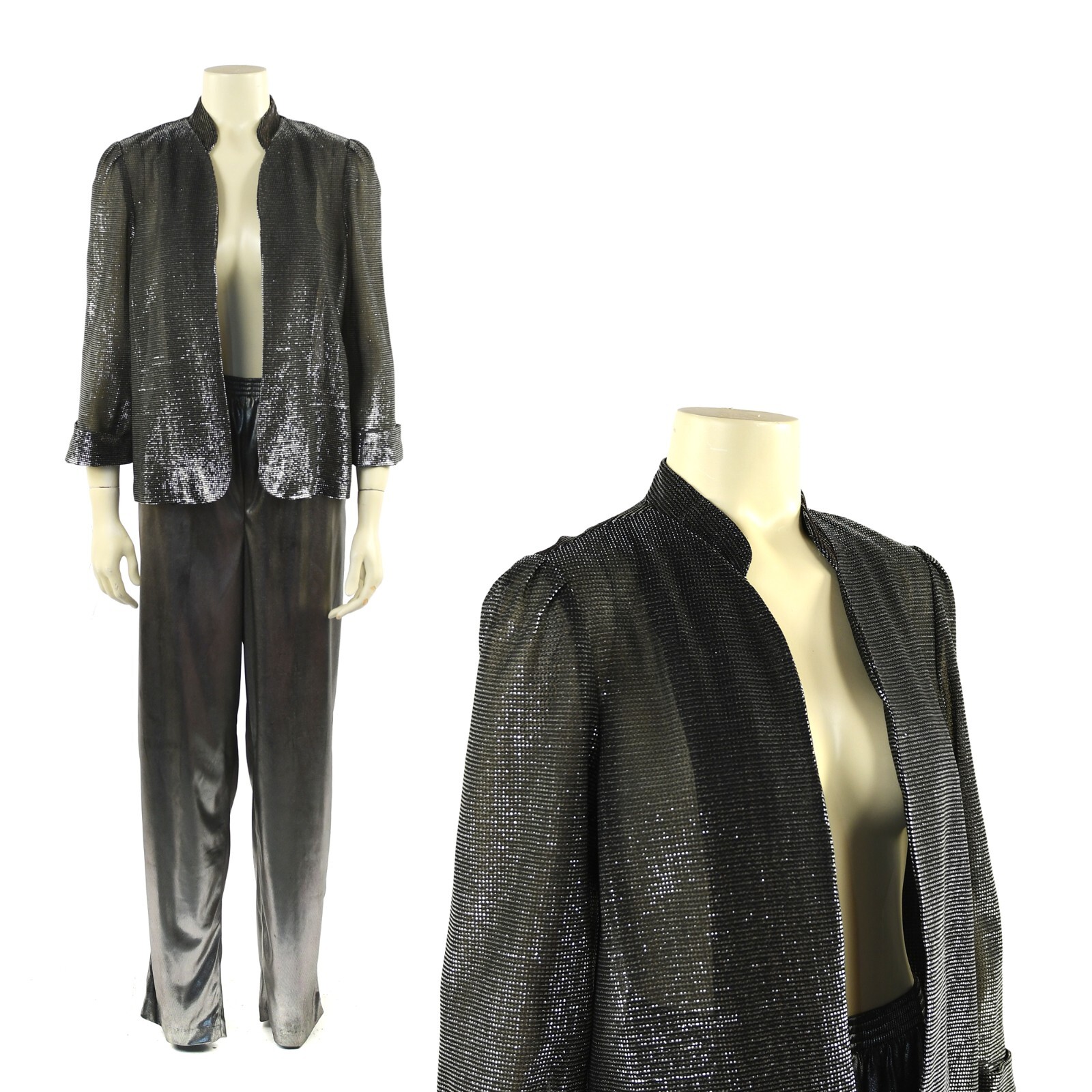Vintage 80s Black + Silver Metallic Lame Open Disco Jacket Pants Dress Set L