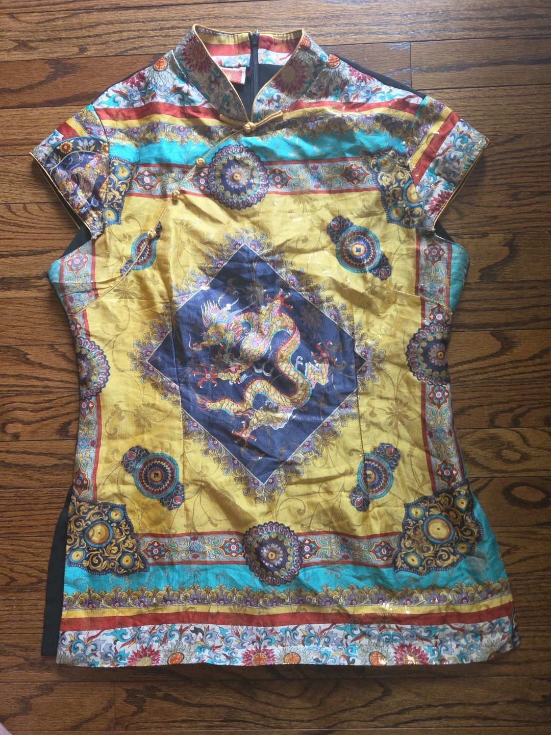 Vintage 90s Women’s Silk Yellow Mandarin Collar Dragon Top XXL