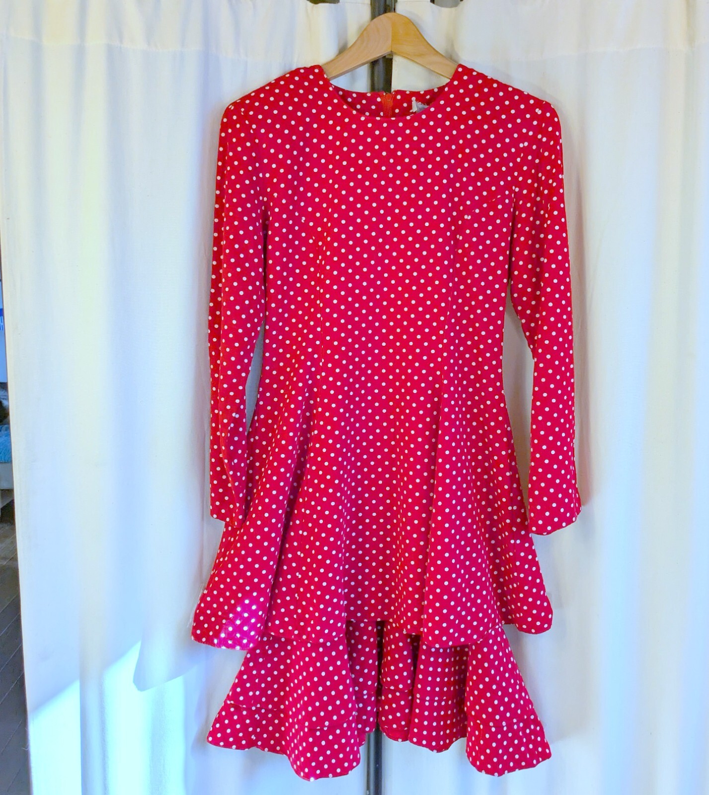 VTG 80s Lew Magram red polka dot tiered dress Rayon Sz Small
