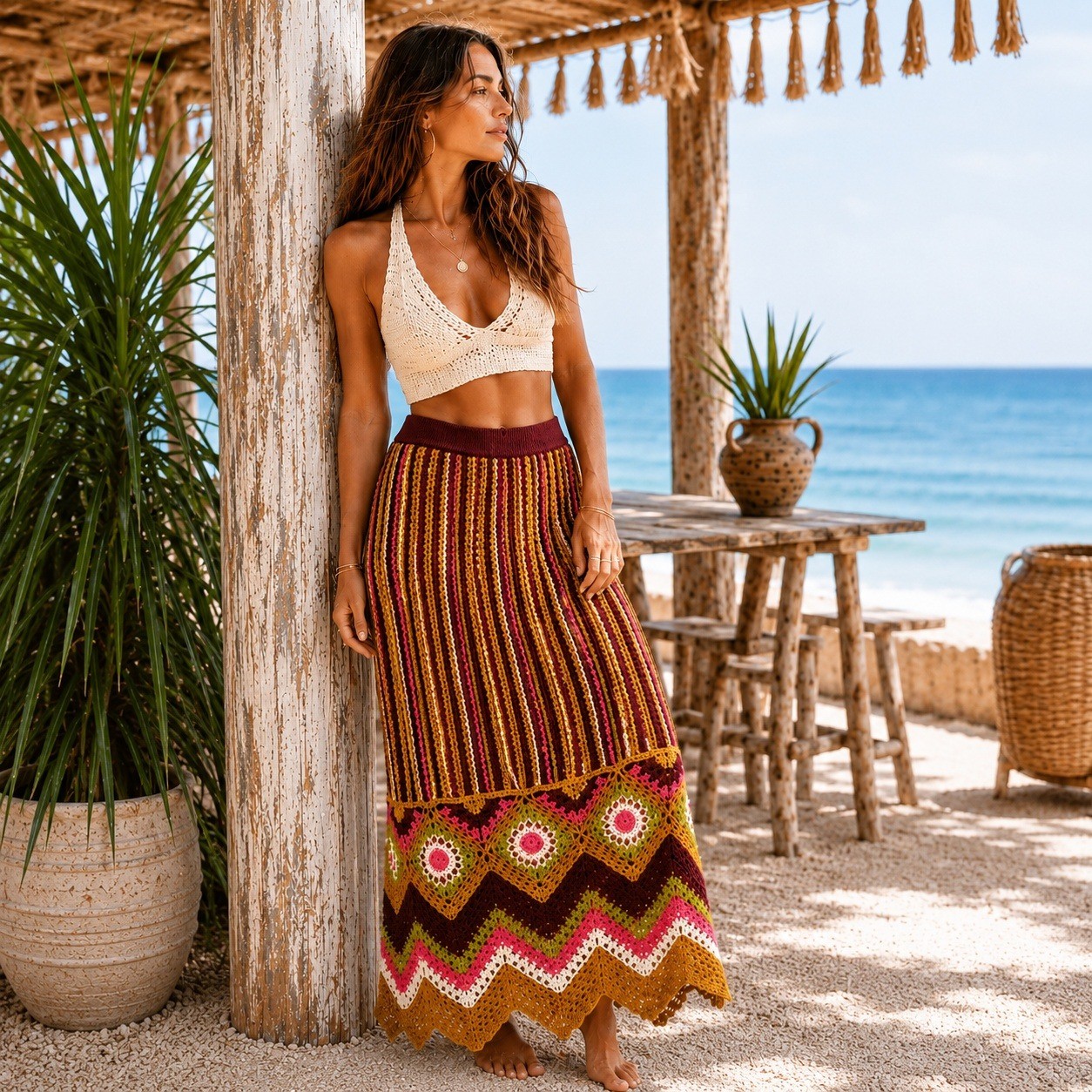 SO Goods for Life Granny Square Crochet Midi Skirt Women XL Mustard Boho Hippie