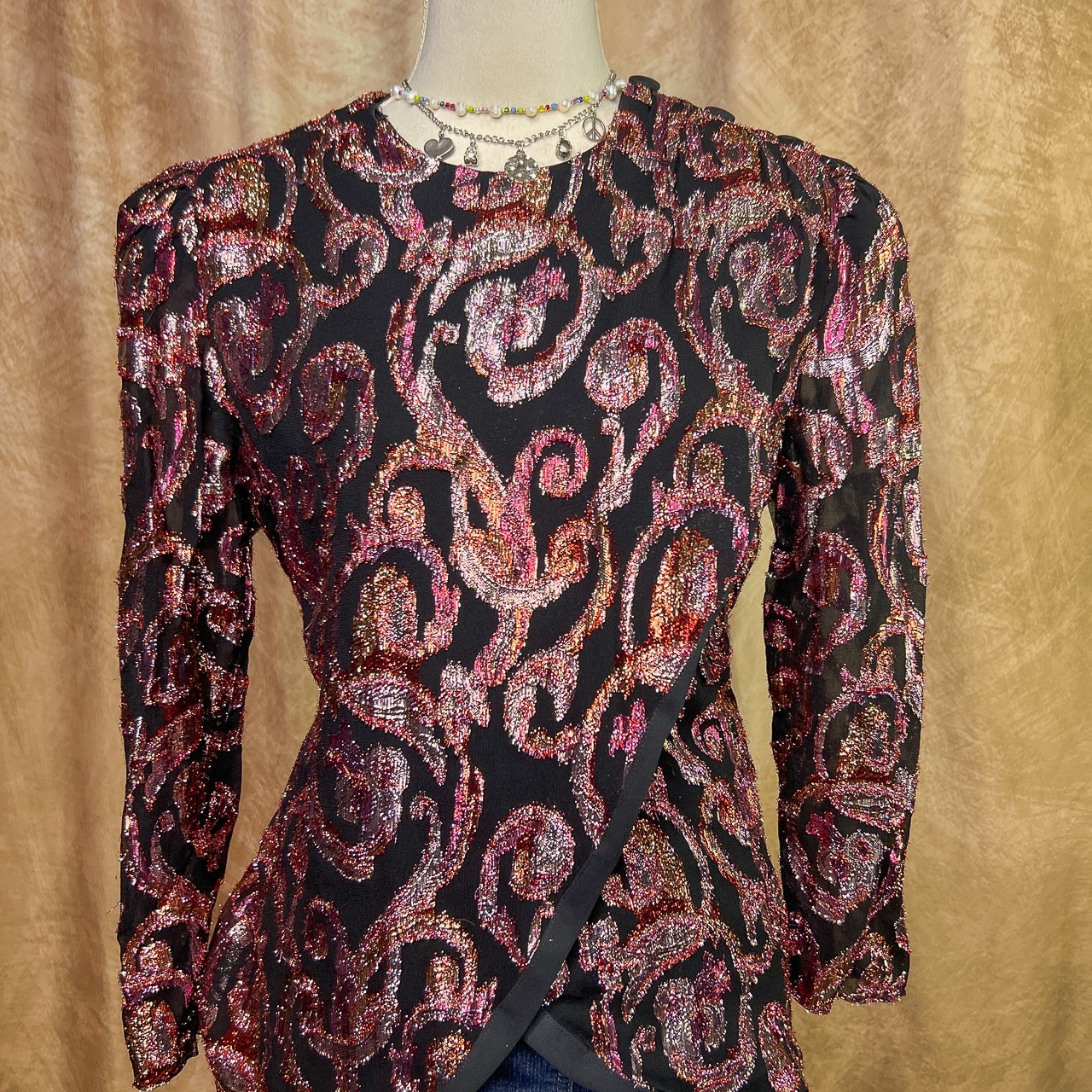 Vintage 80s Metallic Wrap Top Paisley Swirl Wrap Blouse Disco Party Couture
