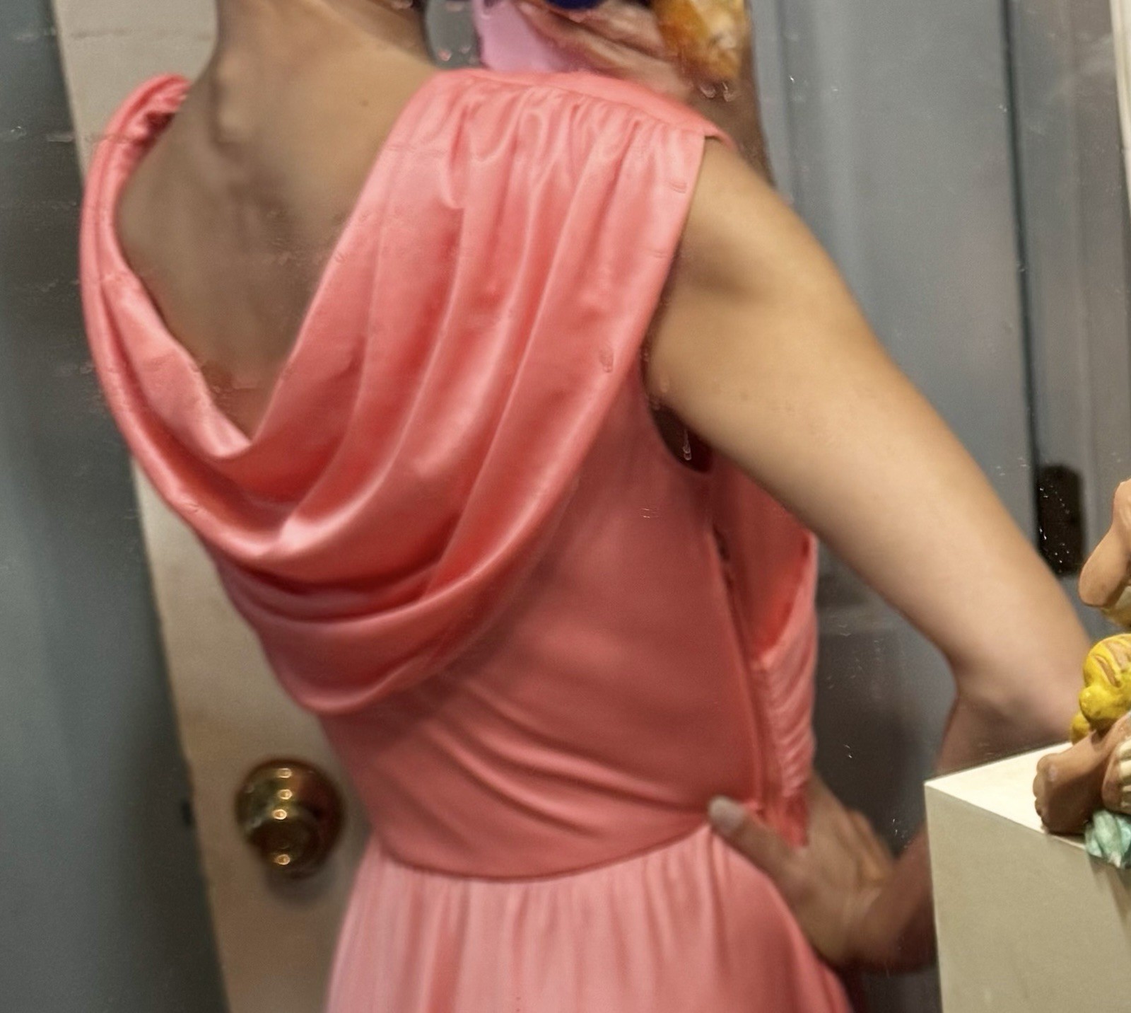 Vtg Cowl Draped Peach Polyester Maxi Dress Gown 70s Disco Studio 54 Carrie XS