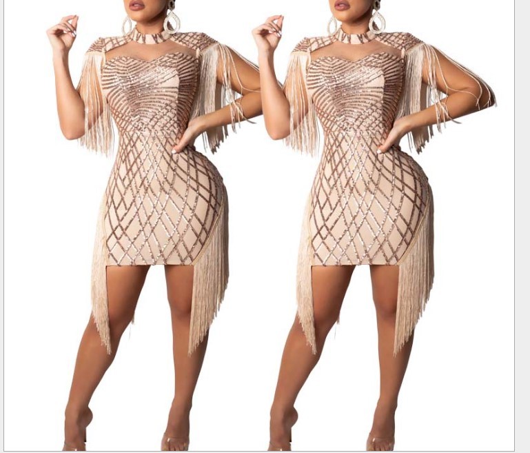 USA Women Vintage Tassel Mesh Sequined Cutout Party Slim Bodycon Mini Dress CM5