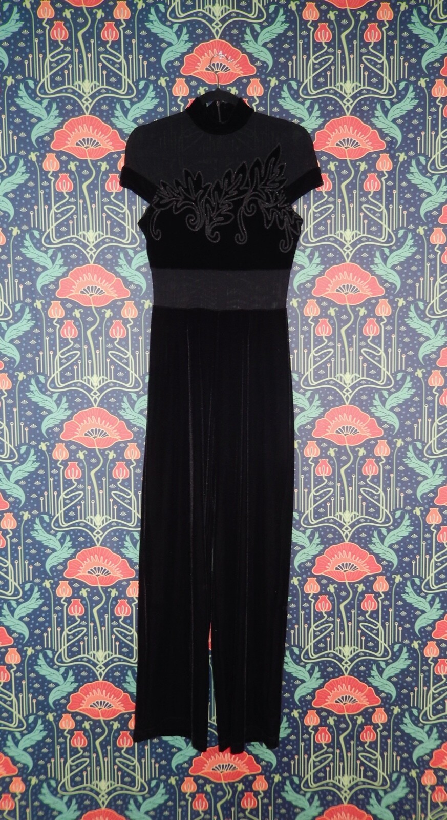 Vintage 90’s Y2K Black Stretch Velvet Mesh Cocktail Mob Wife Jumpsuit 10
