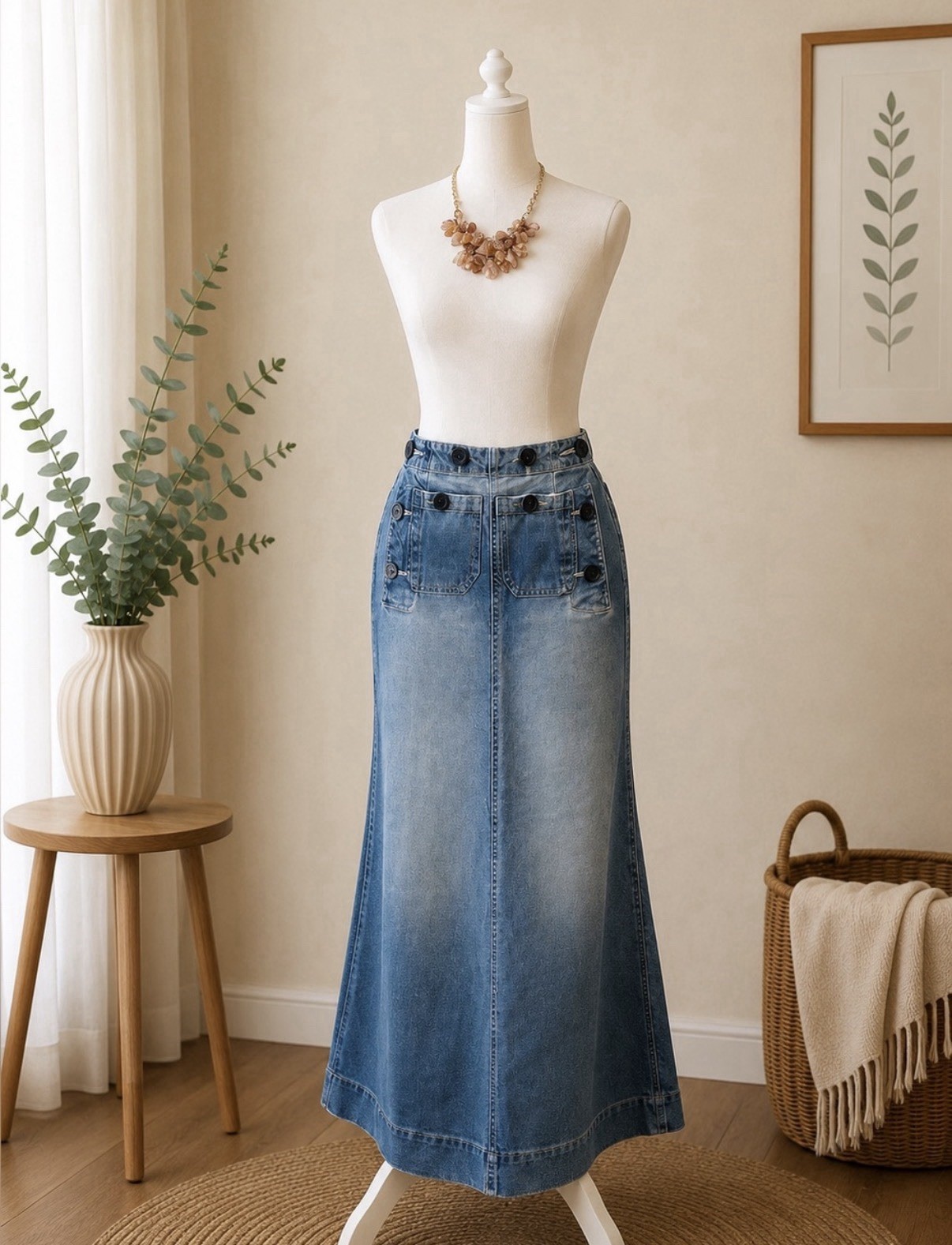 Jeanology Denim Maxi Skirt Women High Rise Sailor Button A Line Faded Blue sz4