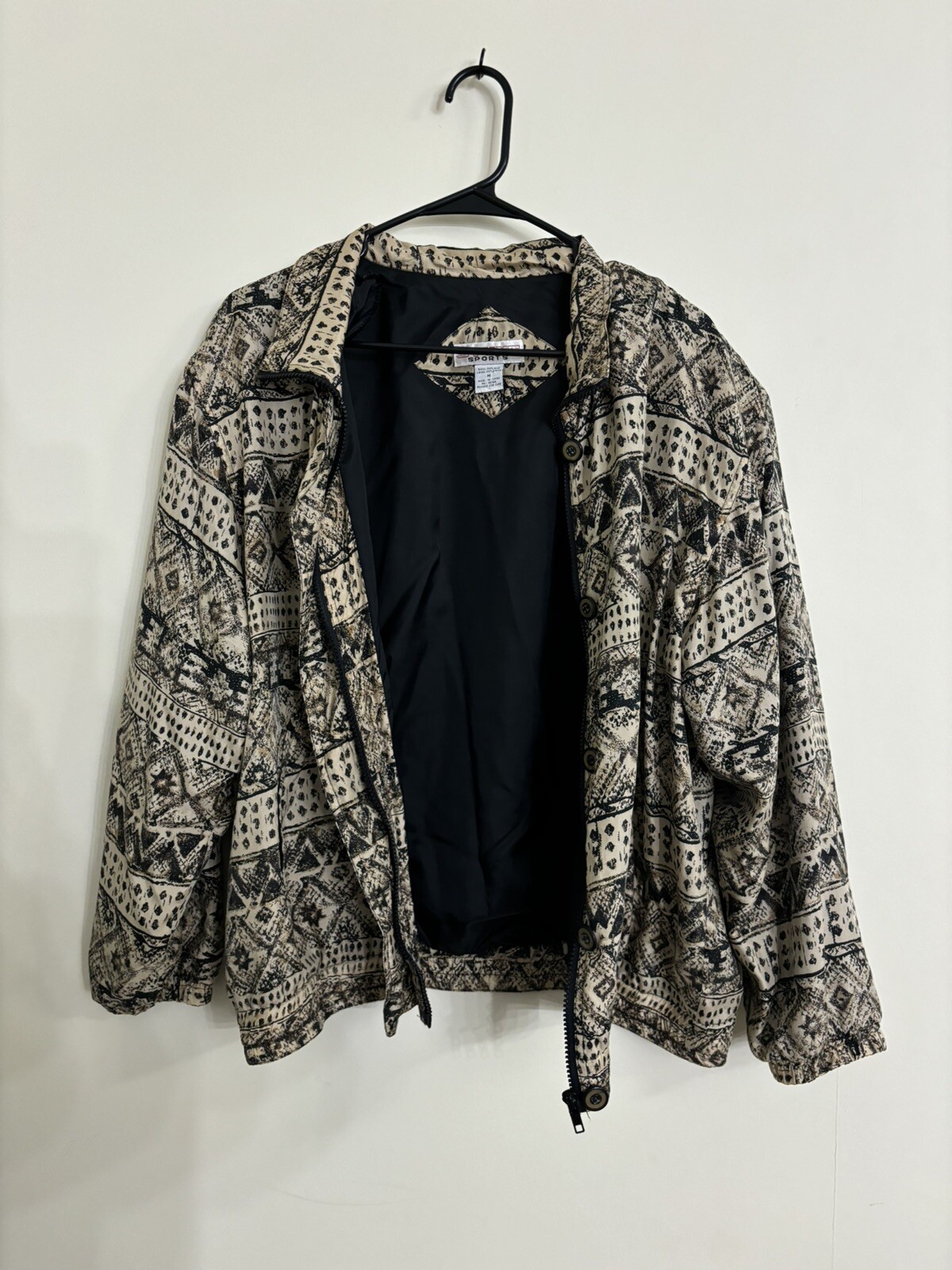 100% Silk Oversize Vintage Bomber Jacket M Stunt Sports Brand Tan Black Print