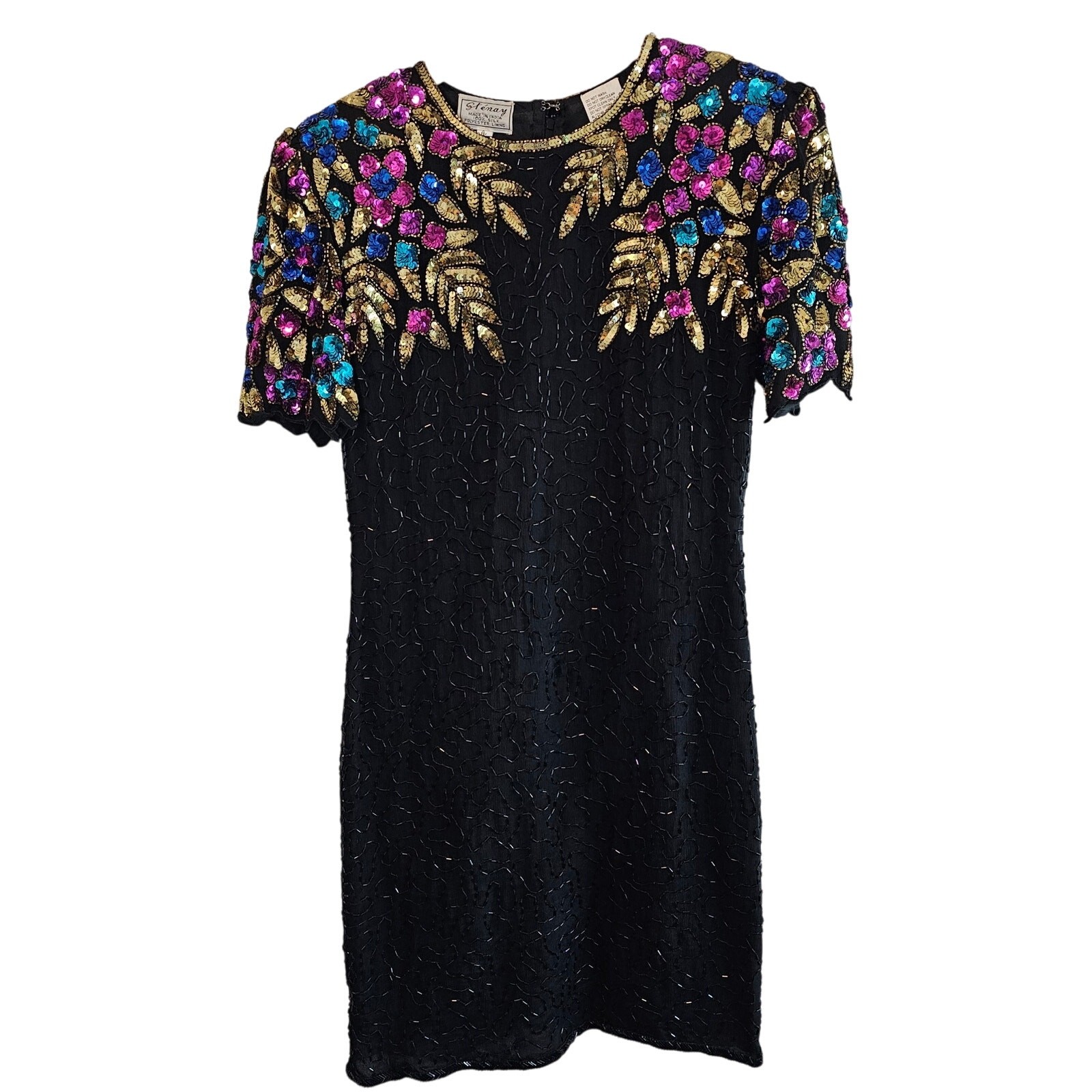 Vintage Stenay Silk Dress Women Sz 4 Black Sequin 80s Beaded Evening Whimsygoth