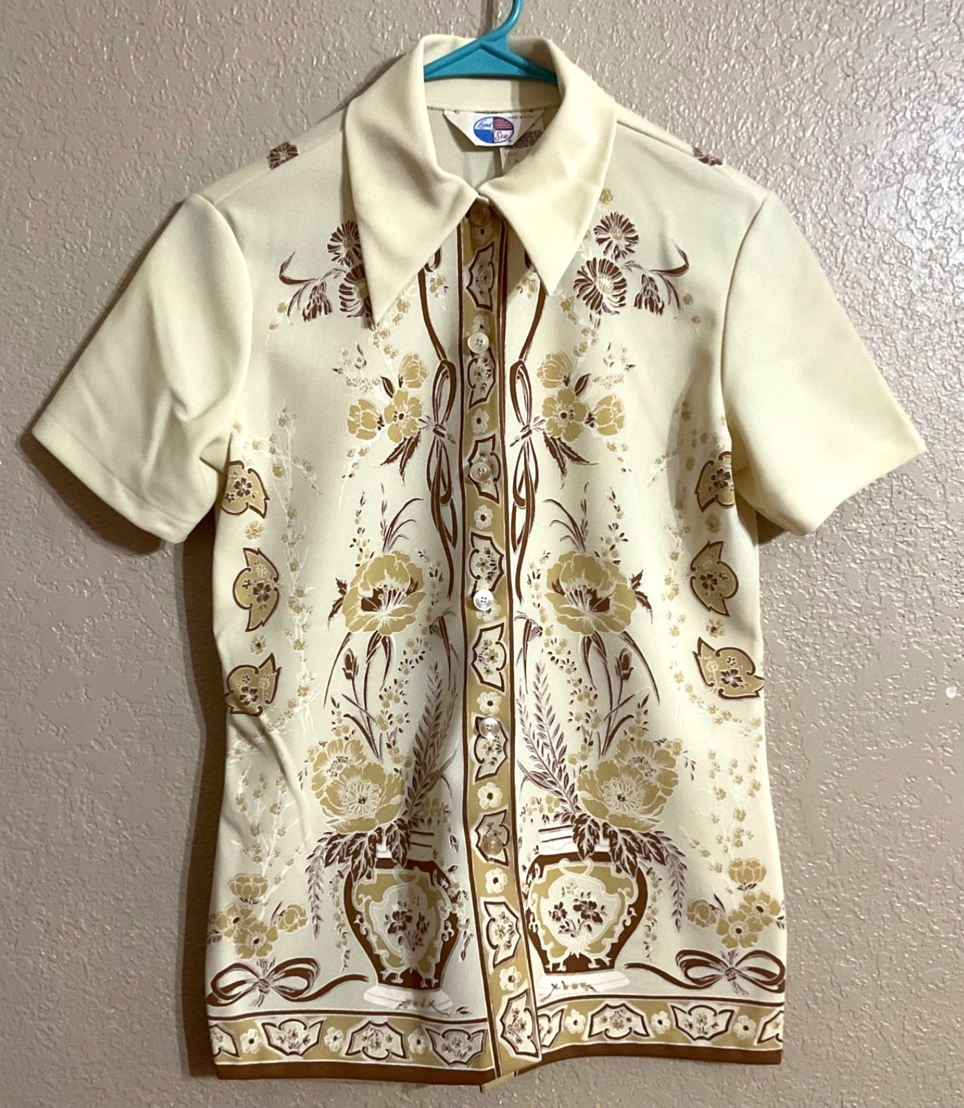 Exc! Vtg 70s Floral Urn Engineered Print Dagger Collar Blouse Cream Brown Sz S