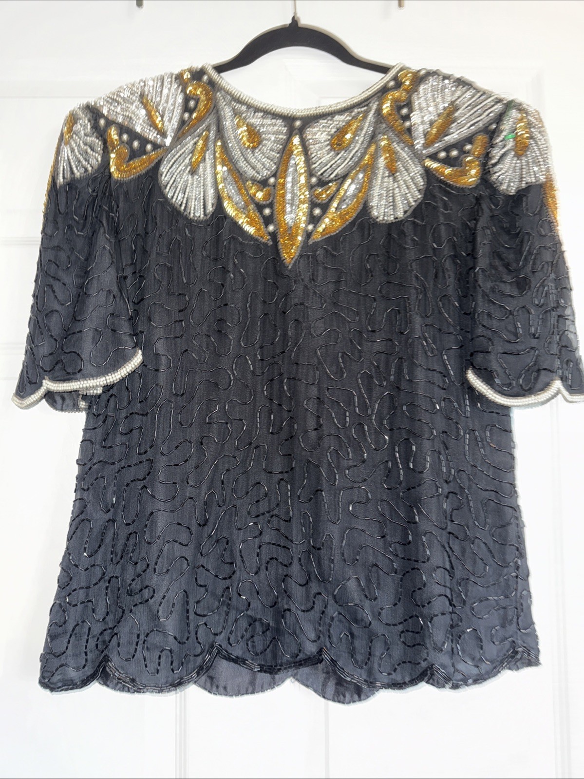 Vintage Lawrence Kazar Beaded Silk Top Black Gold Silver Embellished Party