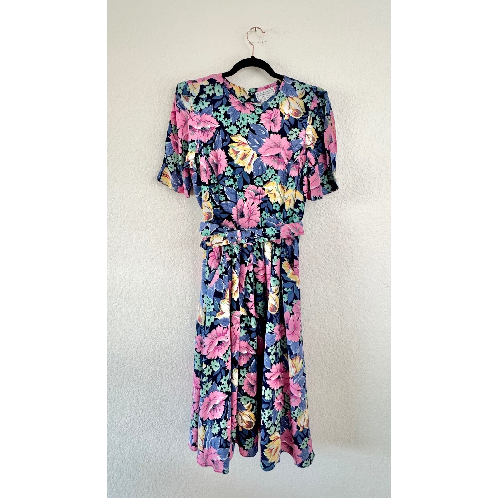 E.D. Michaels Petites Dress Women Petite Multicolor Vintage Floral Belted Midi