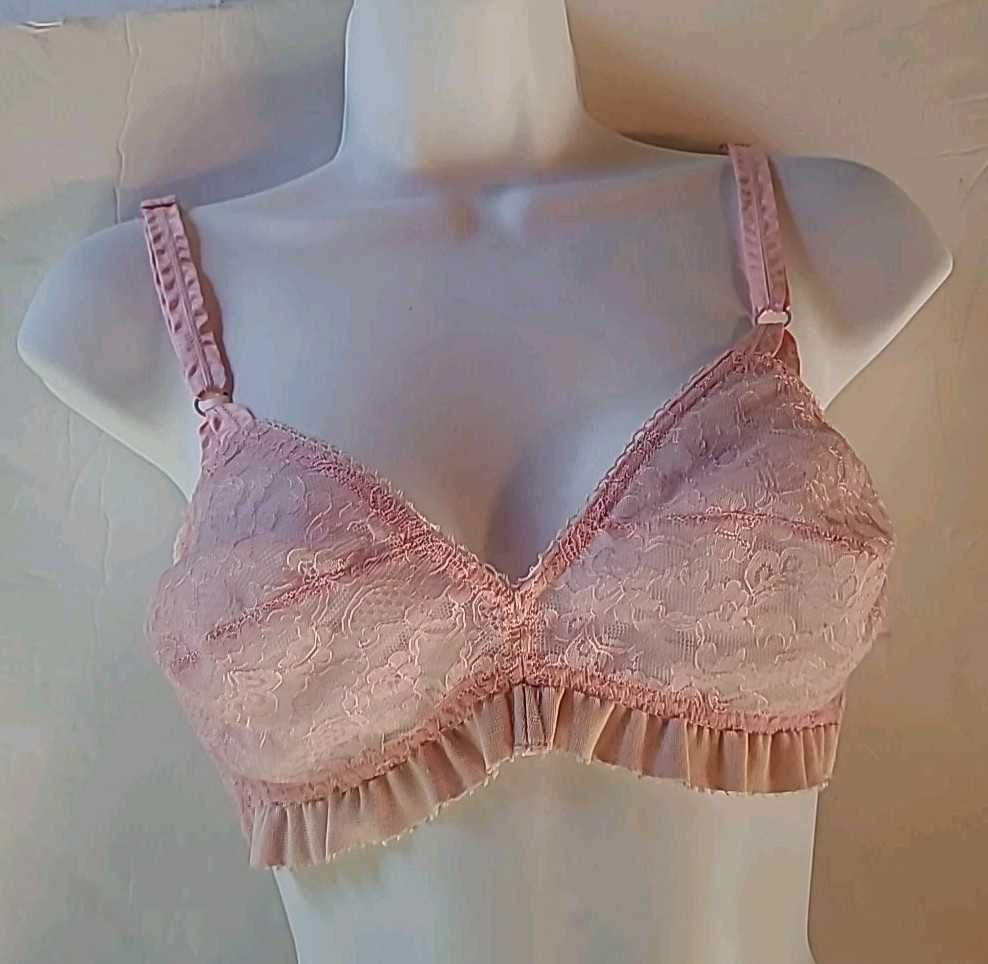 Warner”s Vintage Bra 32C Pink Lace Ruffled edge Style 2360 Slight Wear 27″