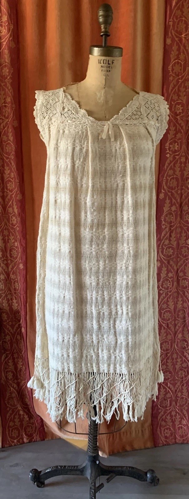 Vintage Hand Woven Cotton 60’s 70’s Dress With Crochet