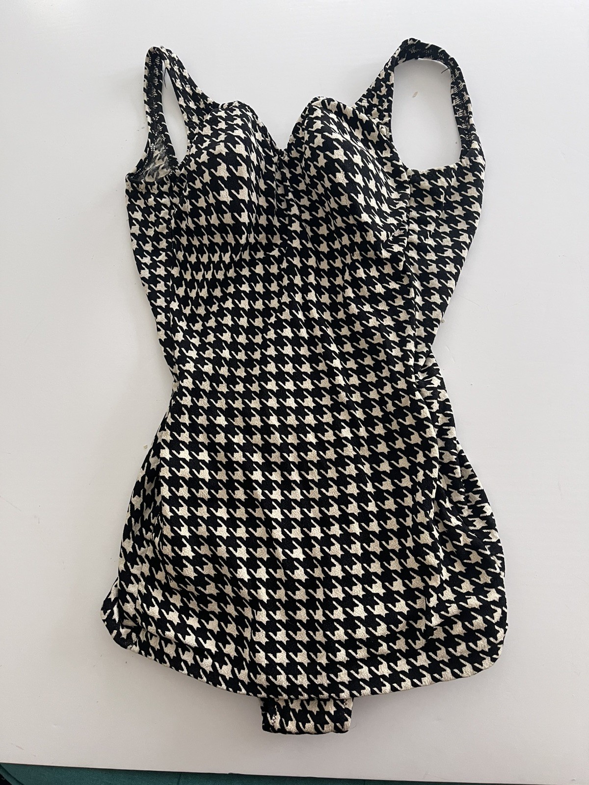 Vintage One Piece Jantzen Swimsuit Houndstooth Check Knit W Bullet Bra 12/34