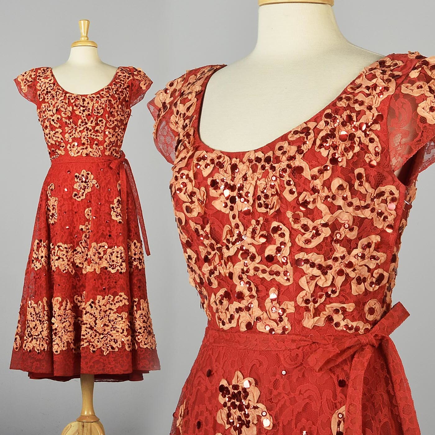 M Vintage 1940s 40s Patric of Miss America Red Lace Party Dress Formal Midi Rare